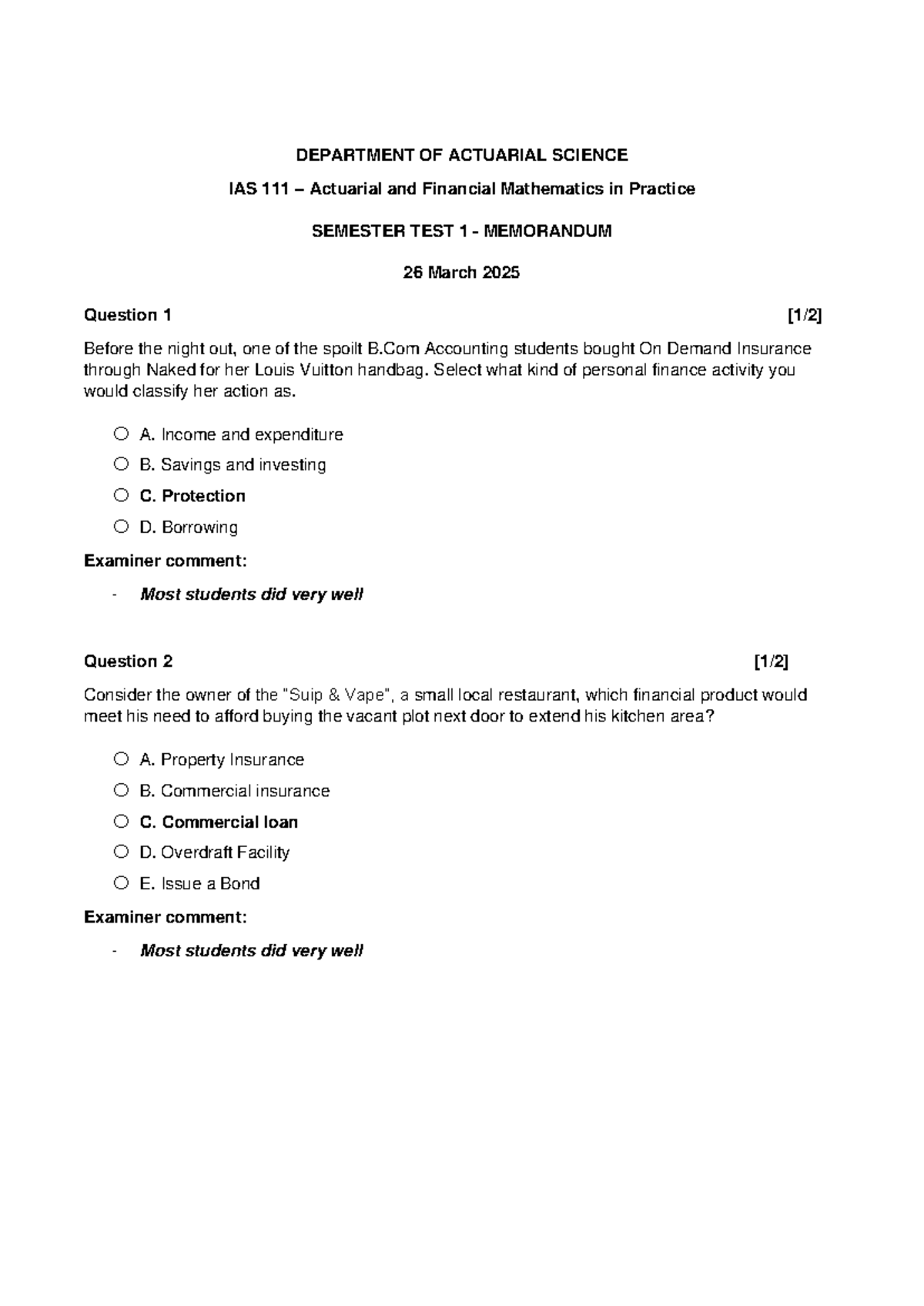 IAS 111 Actuarial & Financial Mathematics Semester Test 1 Memo 2025 ...