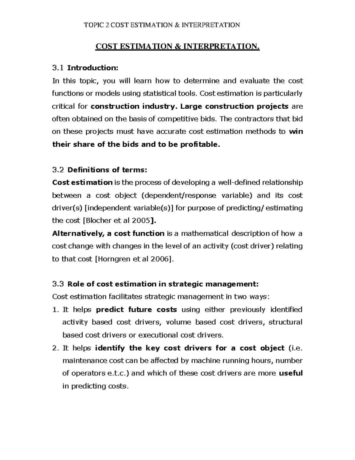 COST ESTIMATION AND INTERPRETATION (TOPIC 2) - STUDY NOTES - Studocu