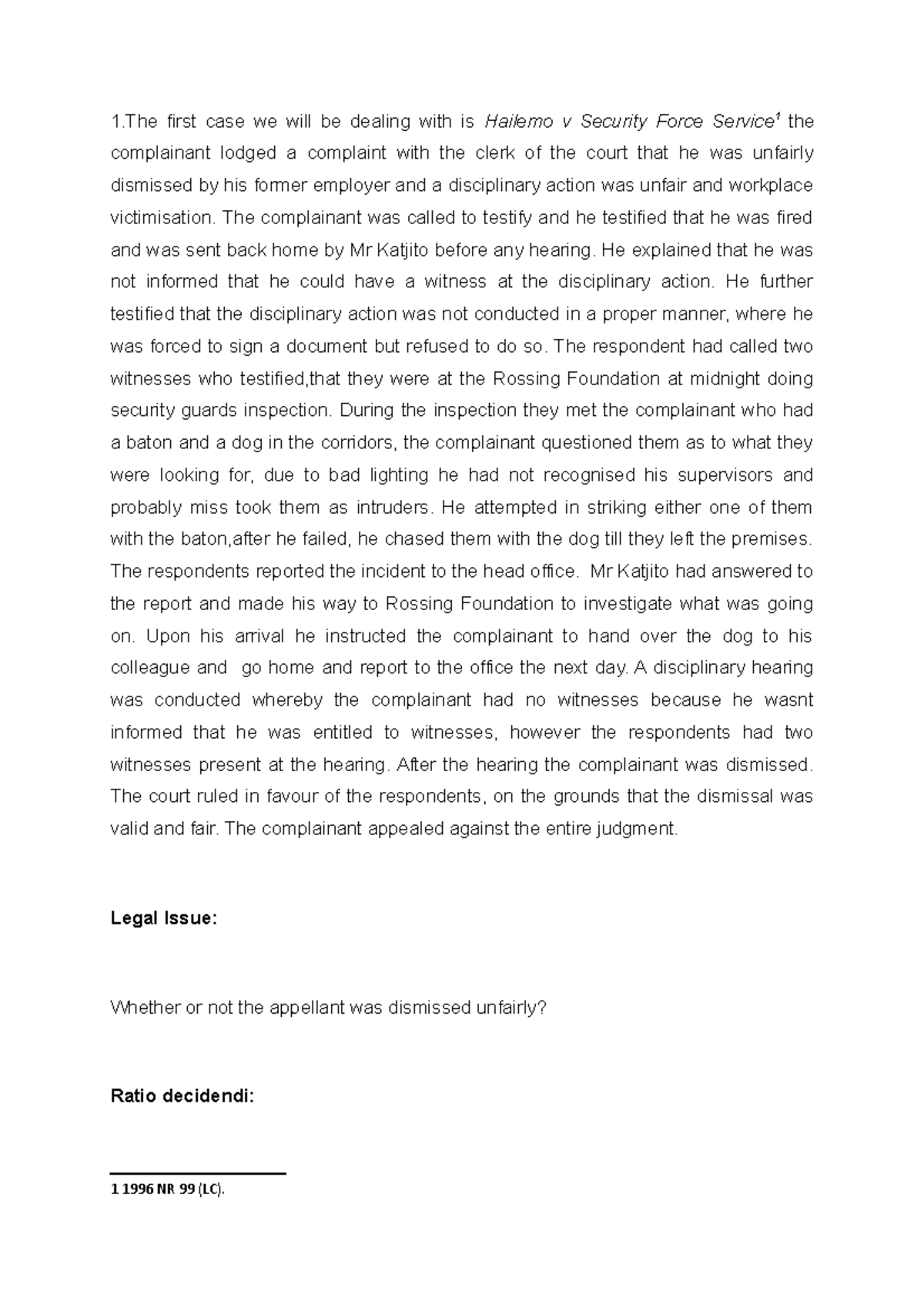 Labour Law Cases Review (2021): Unfair Dismissal Analysis - Studocu