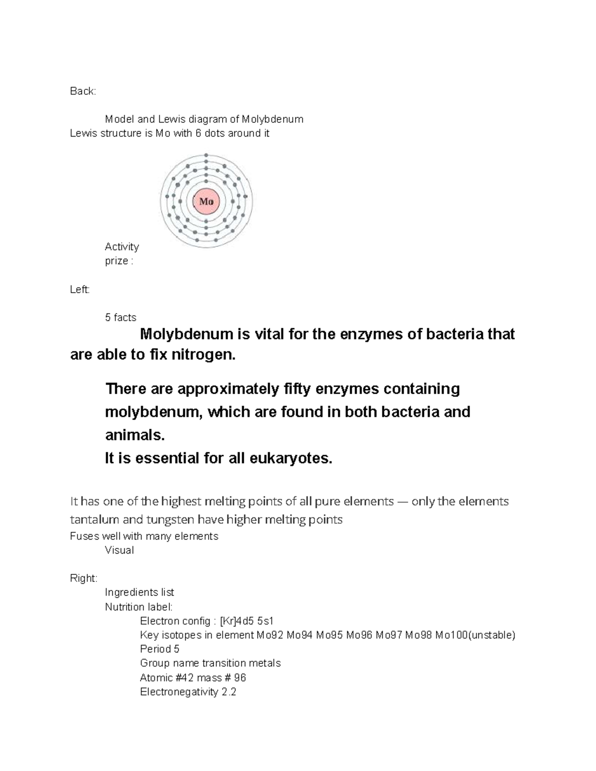 Chemistry Project: Molybdenum Lewis Structure & Facts (GSCI 101) - Studocu