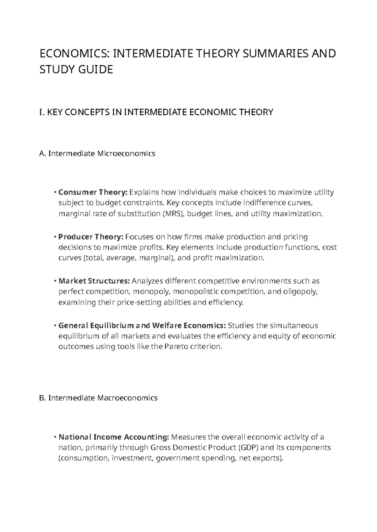 ECON 201: Intermediate Economic Theory Study Guide and Key Concepts ...