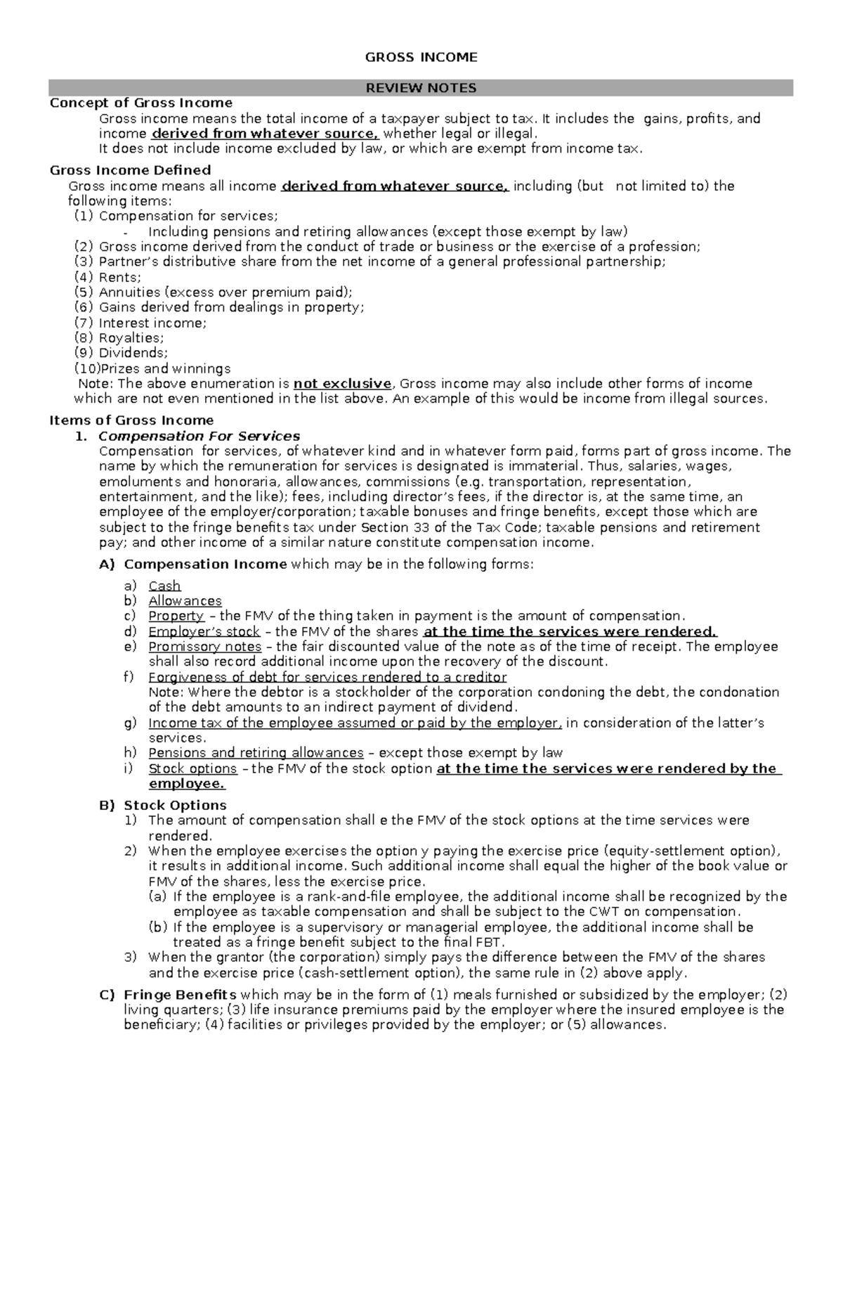 GROSS INCOME REVIEW NOTES: Key Concepts and Definitions - Studocu