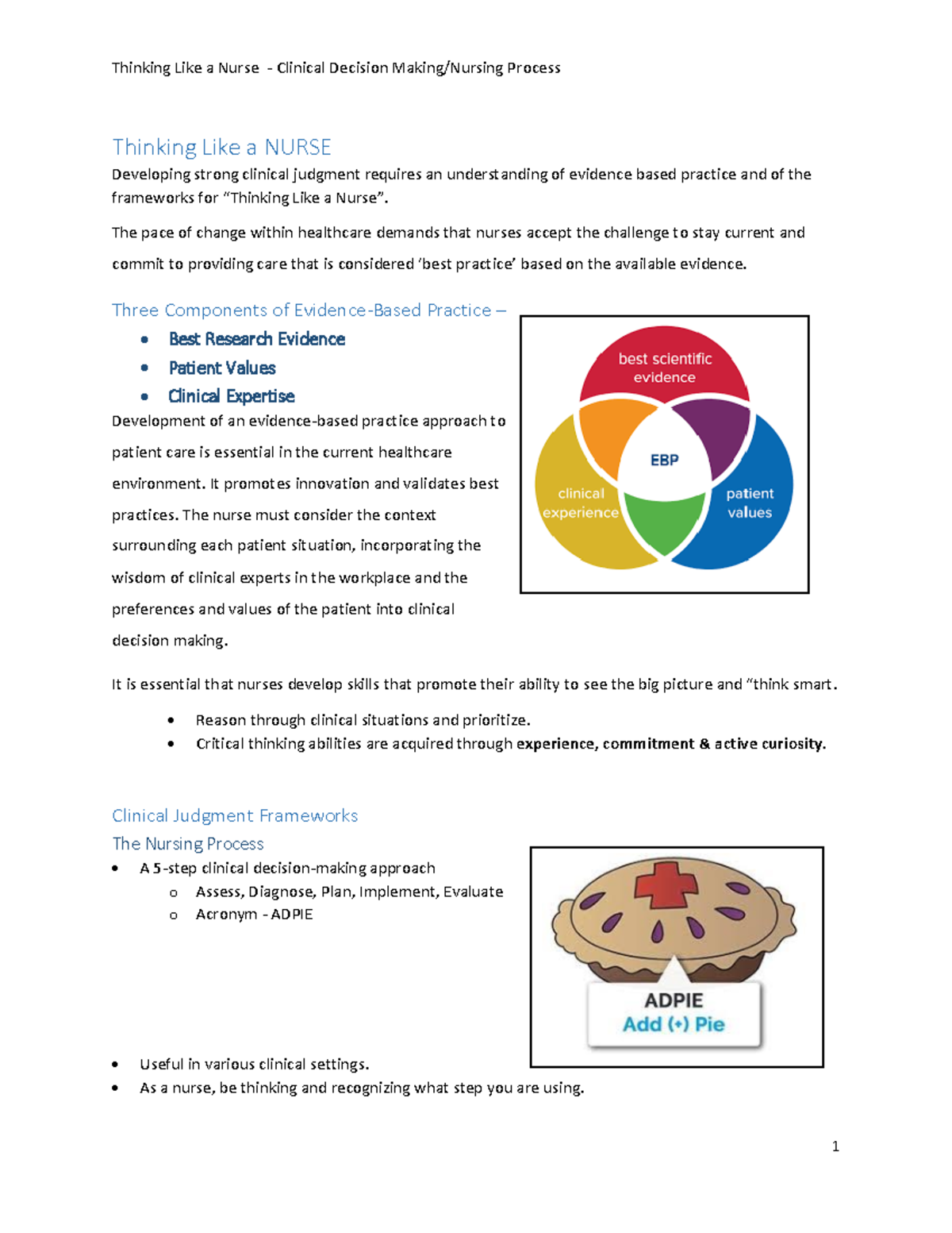 Thinking Like a Nurse: Evidence-Based Clinical Decision Process - Studocu