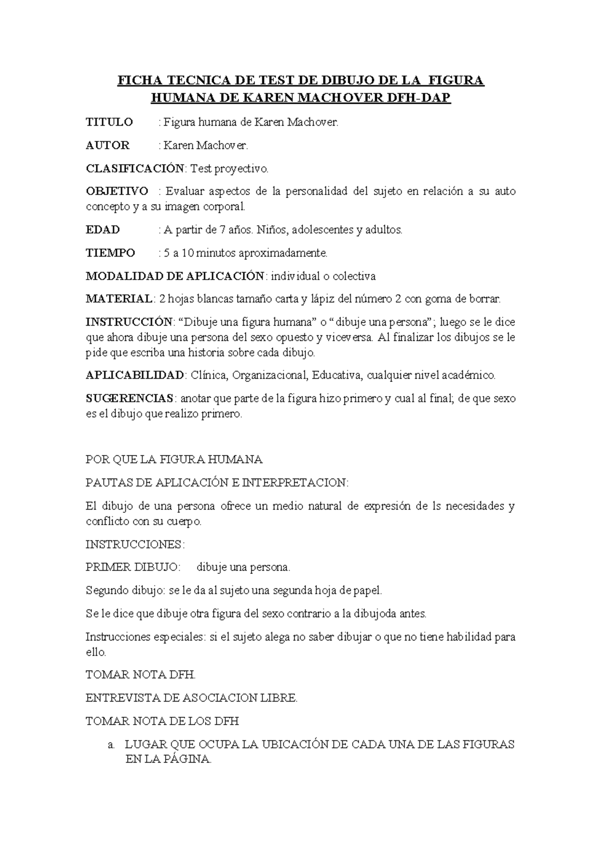 Ficha Técnica del Test de Dibujo de la Figura Humana - Machover - Studocu
