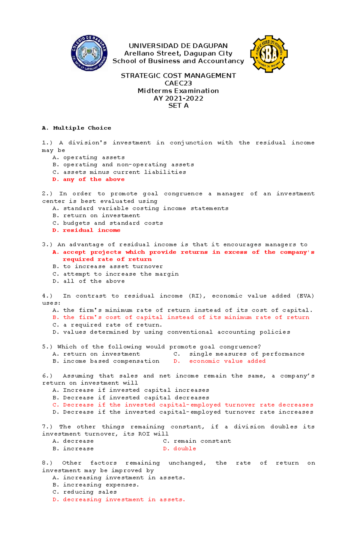 KA Strategic Cost Management CAEC Midterms Exam Set A Notes - Studocu