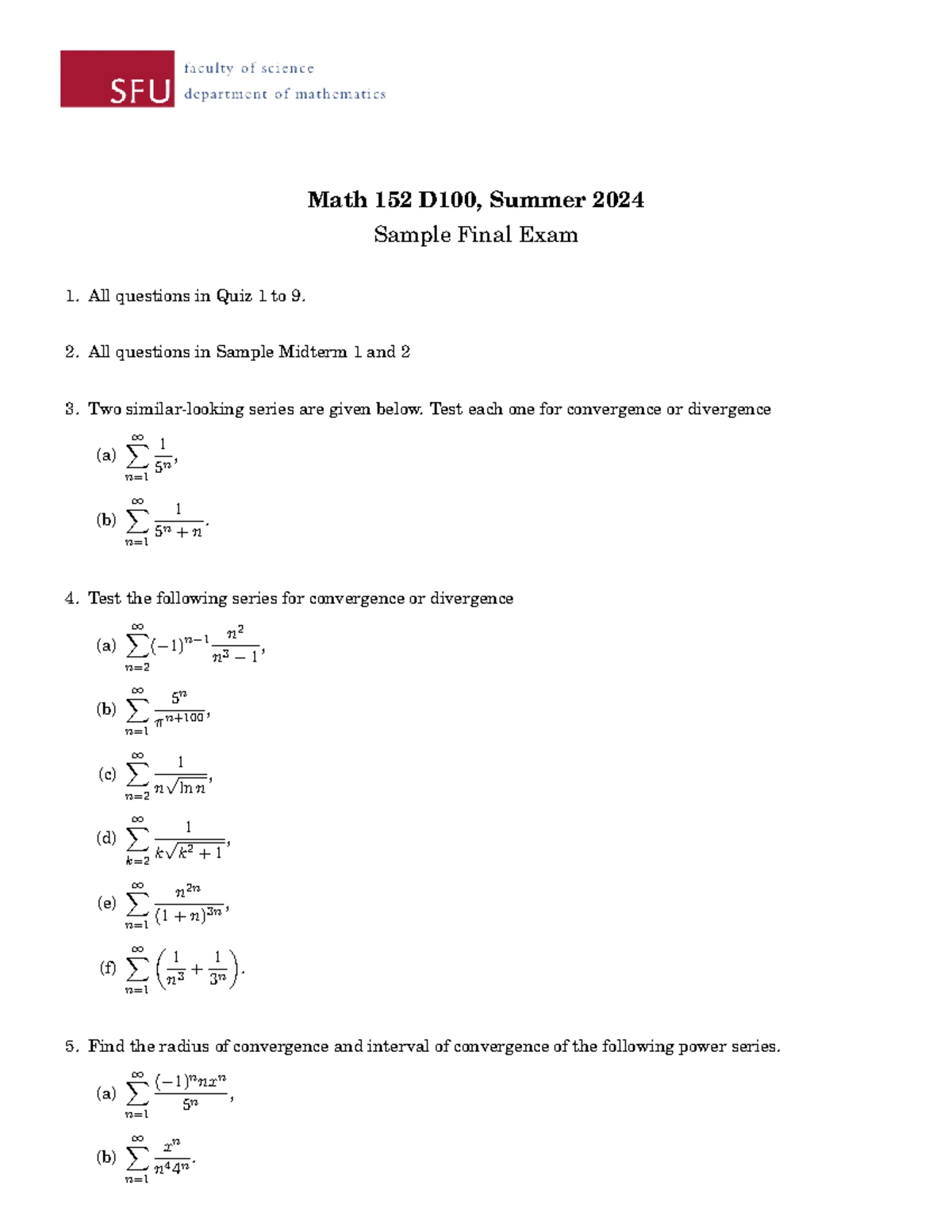 List of Integrals for Math 152 D400 Final Exam - Studocu
