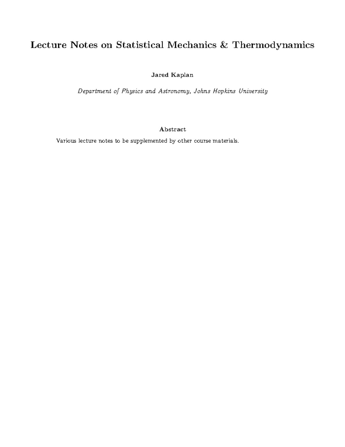 Statistical Mechanics & Thermodynamics Lecture Notes PHYS 101 - Studocu
