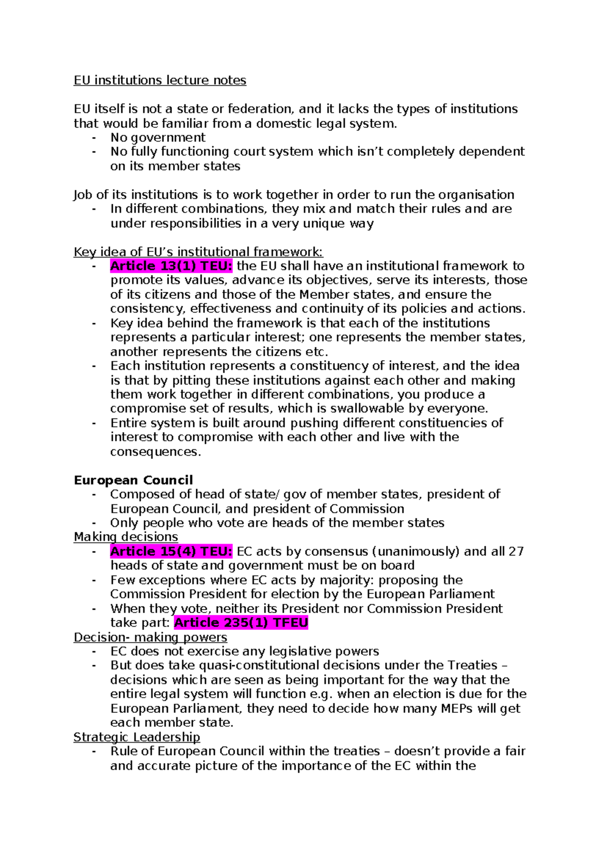 EU Institutions Lecture Notes: Understanding Their Roles and Functions ...