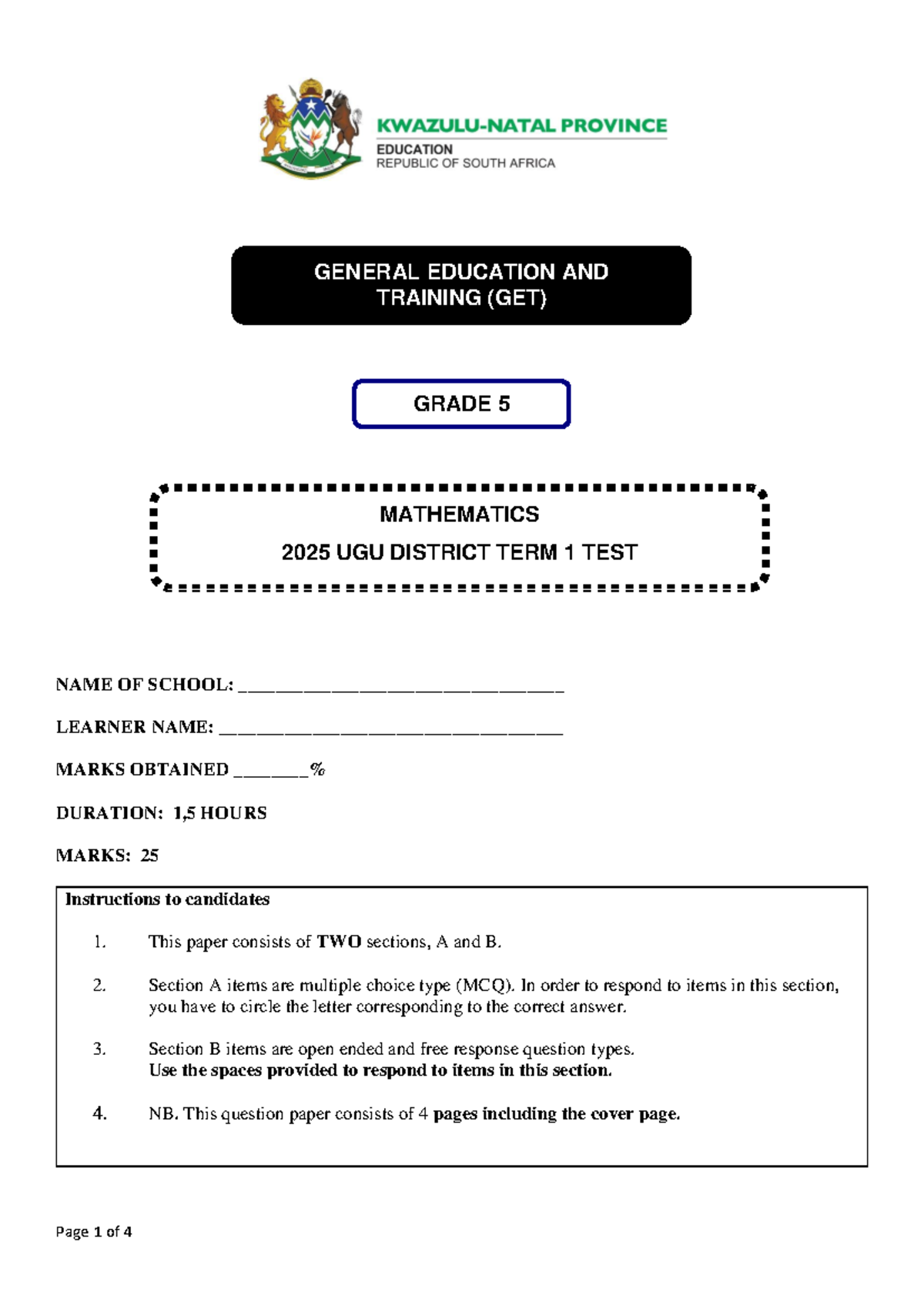 GET Grade 5 Mathematics Term 1 Test 2025 - UGU District - Studocu