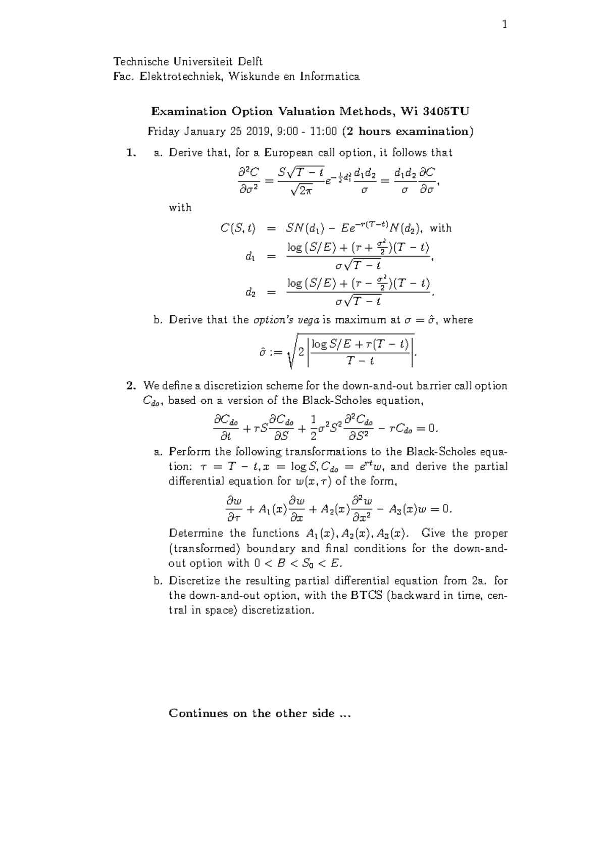 Examination: Option Valuation Methods (Wi 3405TU) - January 25, 2019 ...