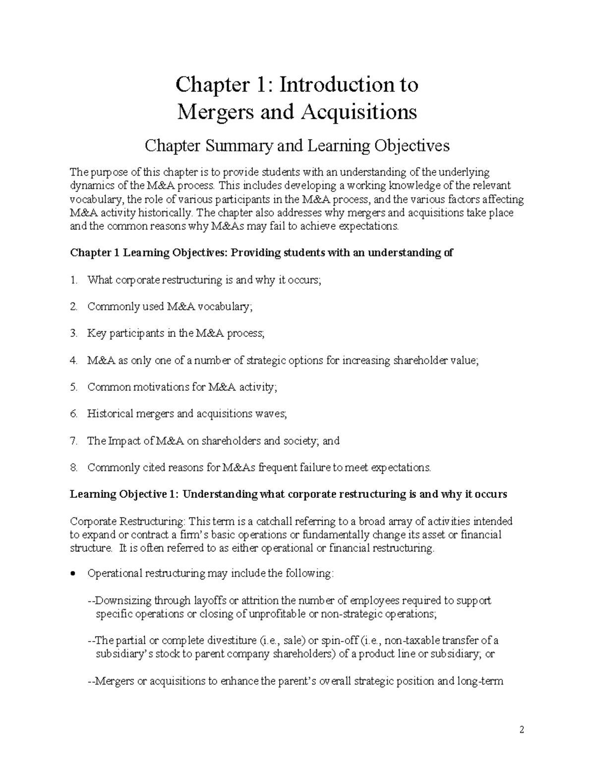 MA MCQ-Chap 1: Mergers & Acquisitions Summary and Learning Objectives ...