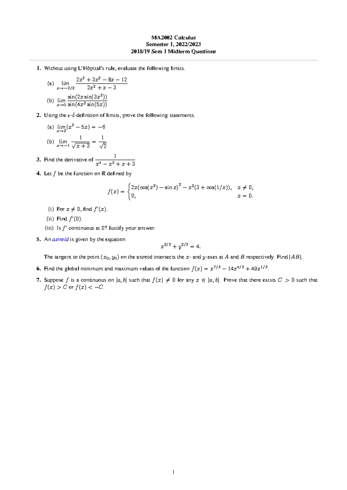 MA2002 - Semester 1 2018/19 Midterm Calculus Questions - Studocu