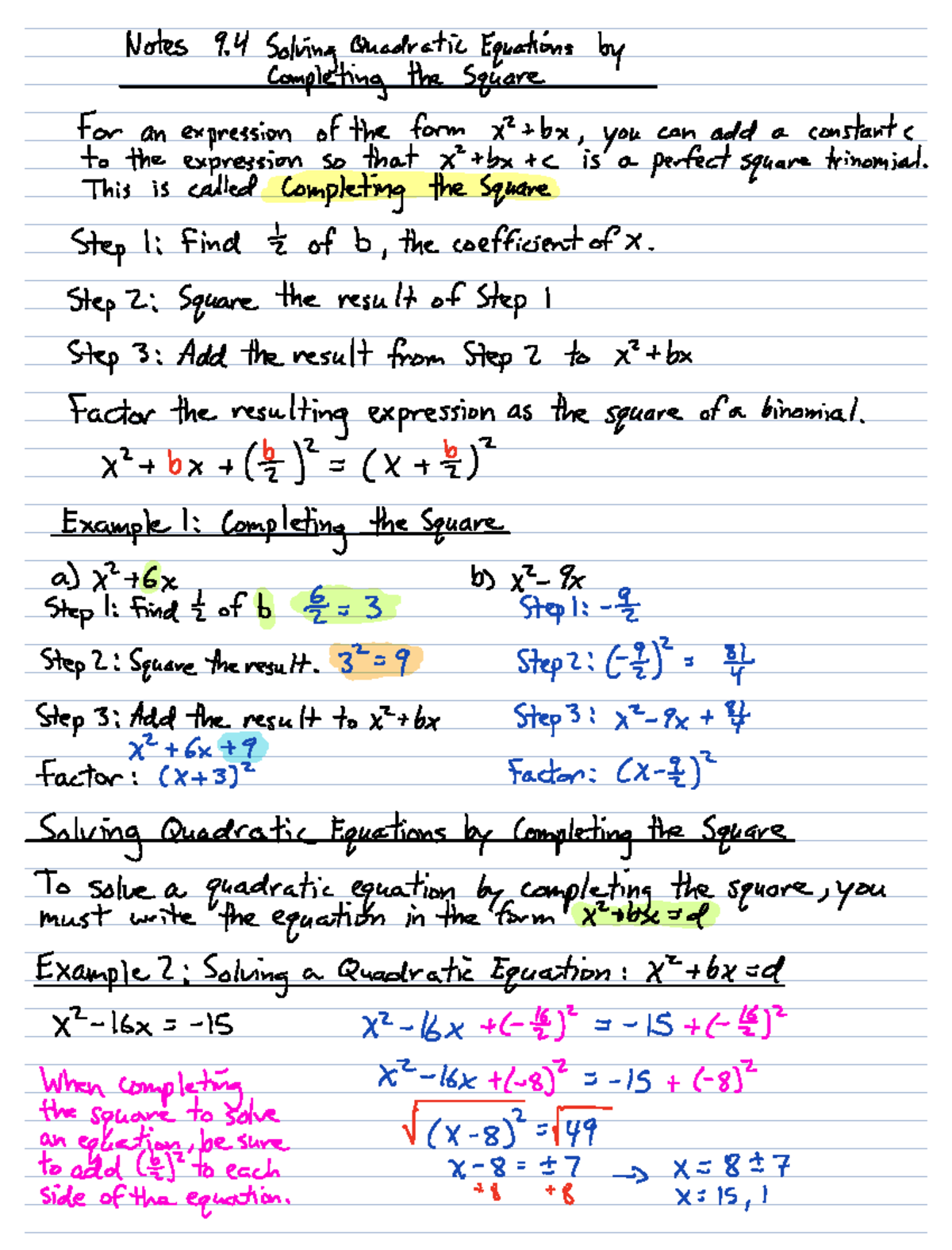Quadratic Equations: Completing the Square Method (Notes 9.4) - Studocu