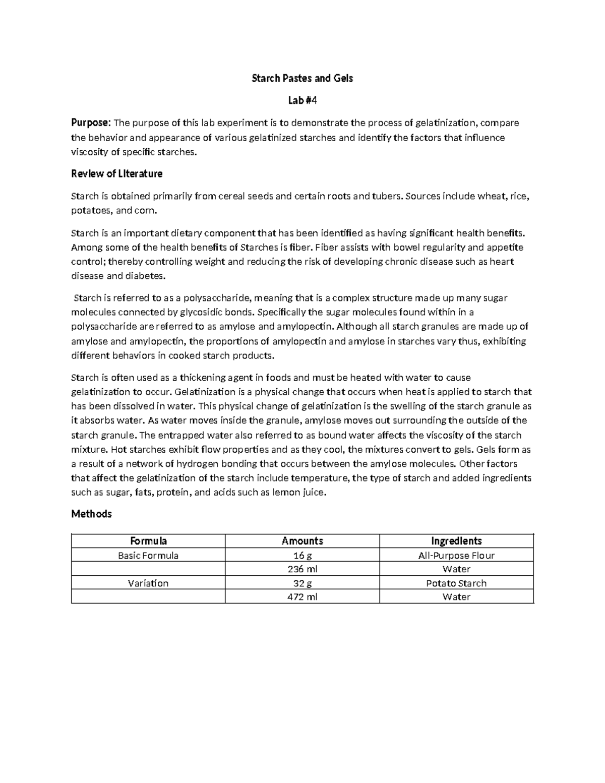 FNU 412 Lab #4 Report: Exploring Starch Pastes & Gels - Studocu