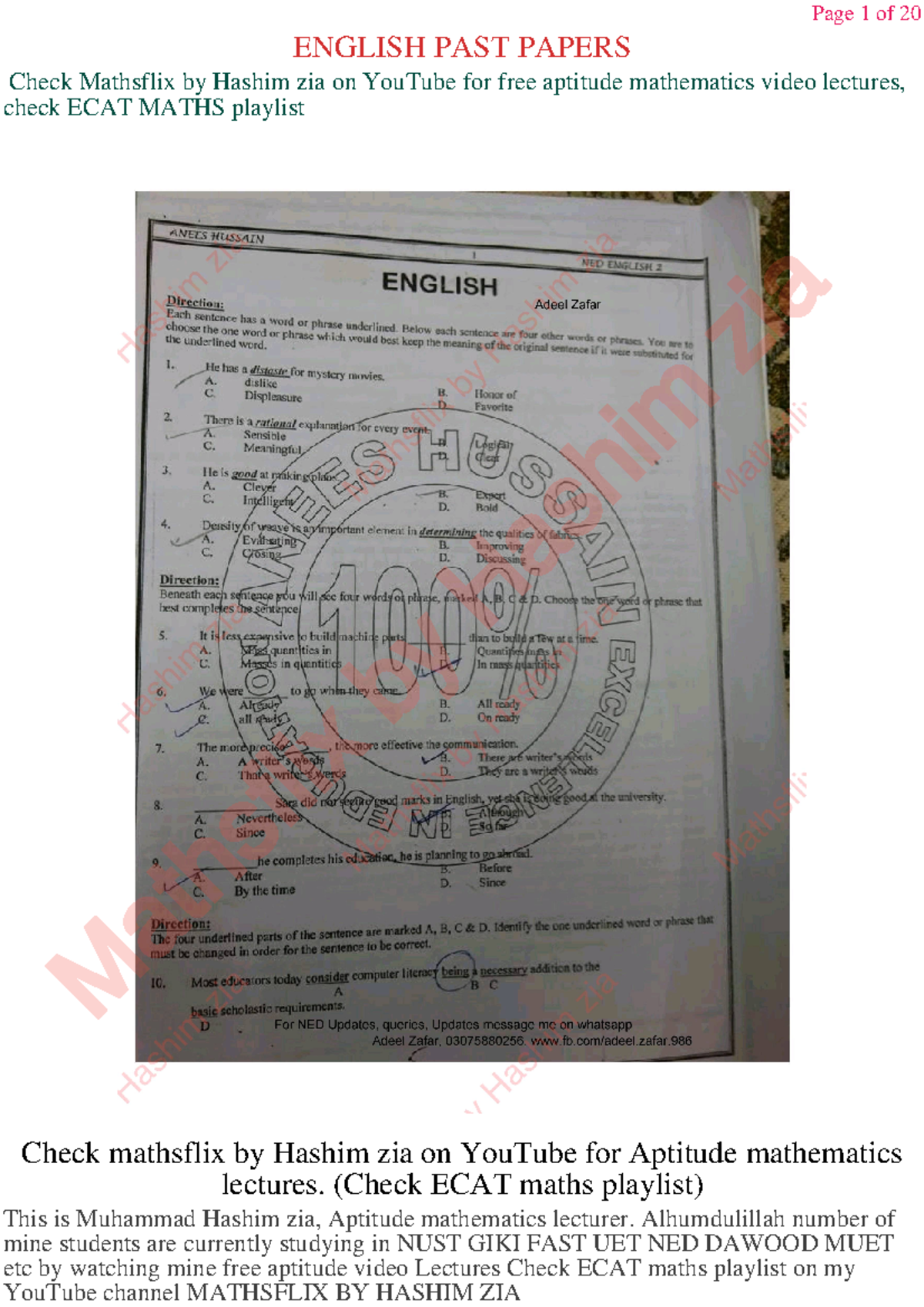 English Anees Hussain Notes - Mathsflix by Hashim zia ENGLISH PAST ...
