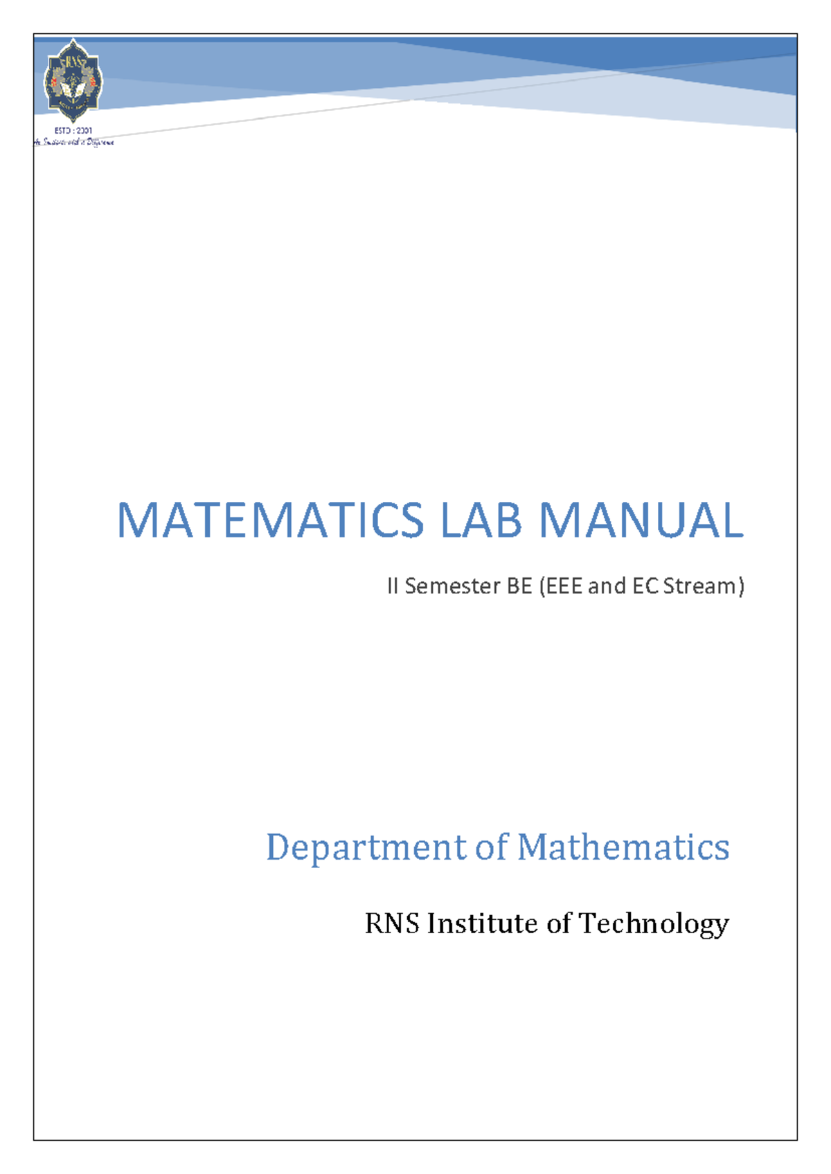 Mathematics Lab Manual for II Semester BE (EEE and EC Stream) - Studocu