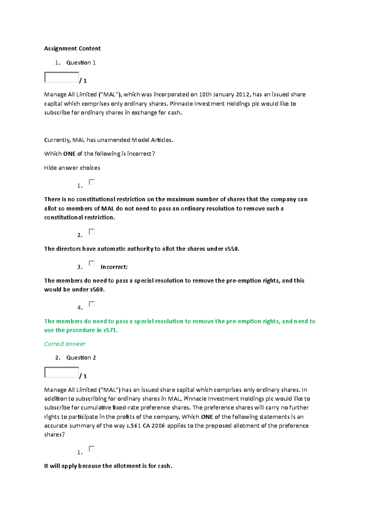 Corporate Finance Exam Prep: Answers to MCQs on Company Law - Studocu