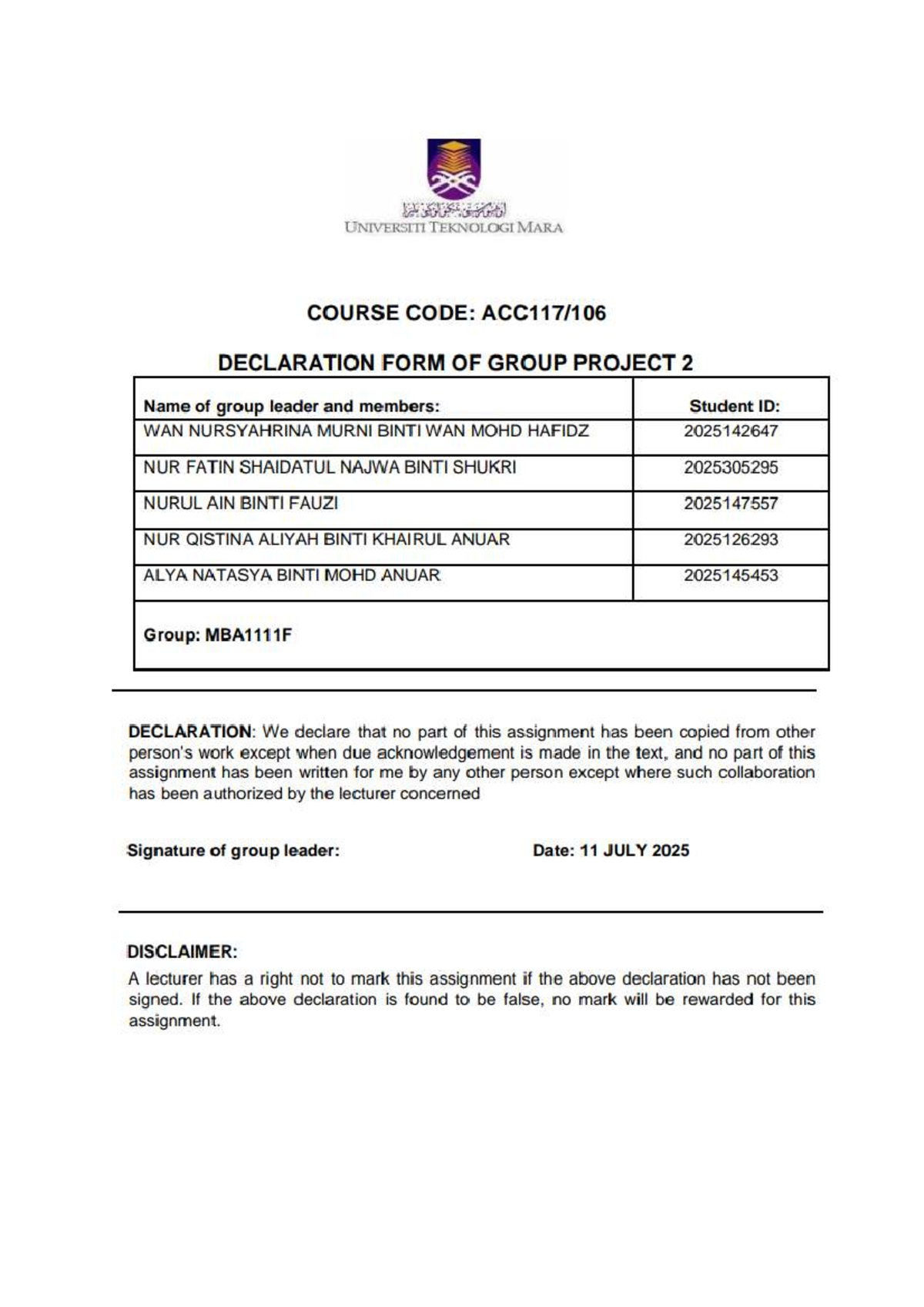 Group Project 2 Declaration Form - ACC117 & ACC106 - Studocu