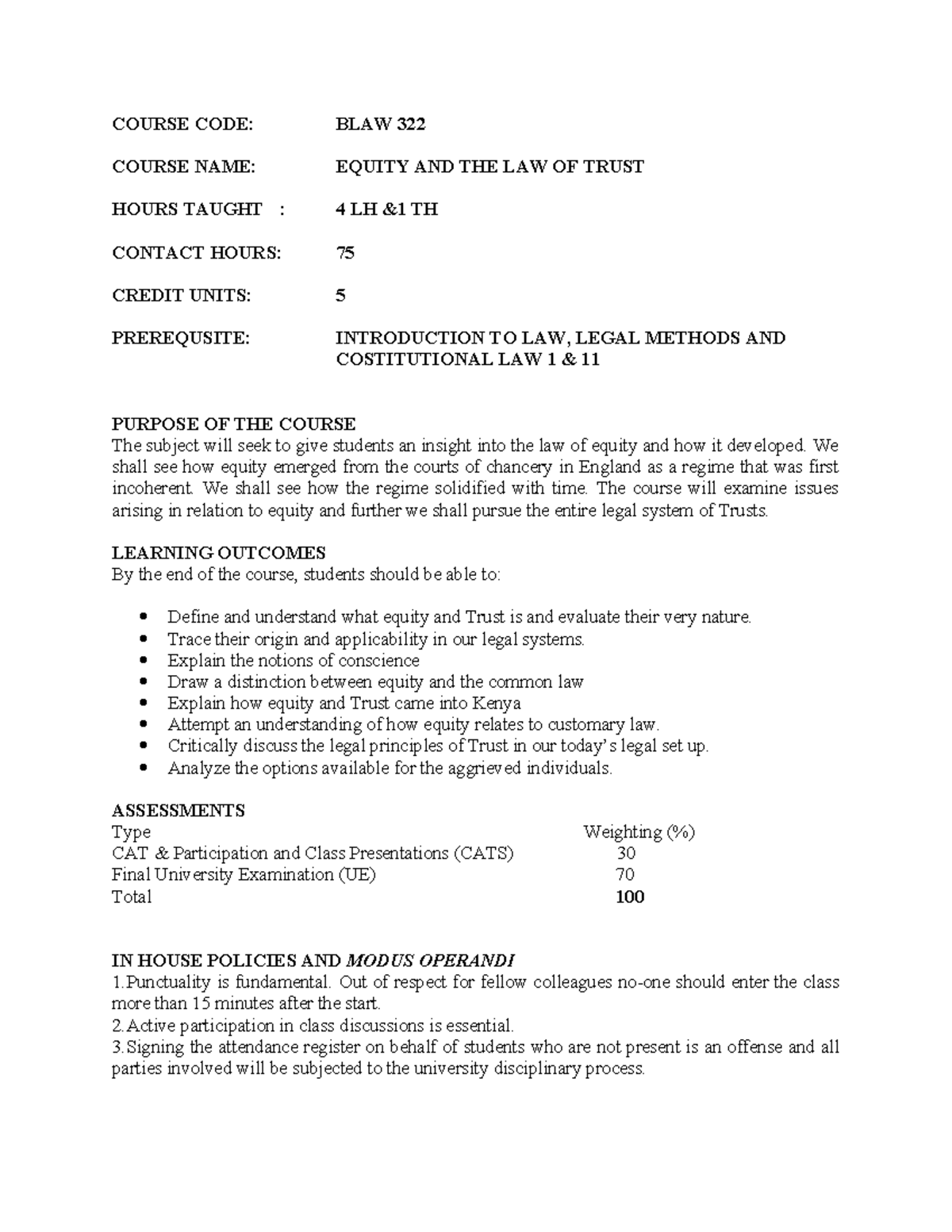 BLAW 322 Equity and Trust Course Outline and Learning Outcomes - Studocu
