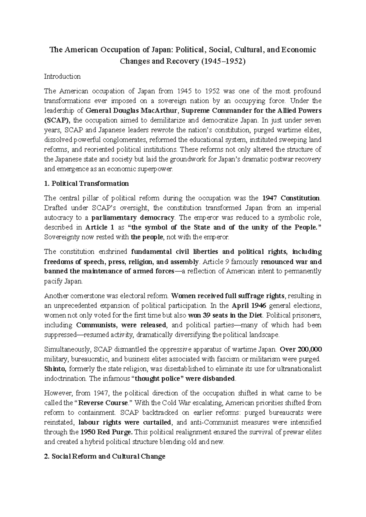 The American Occupation of Japan (1945-1952): Transformations and Recovery - Document Preview