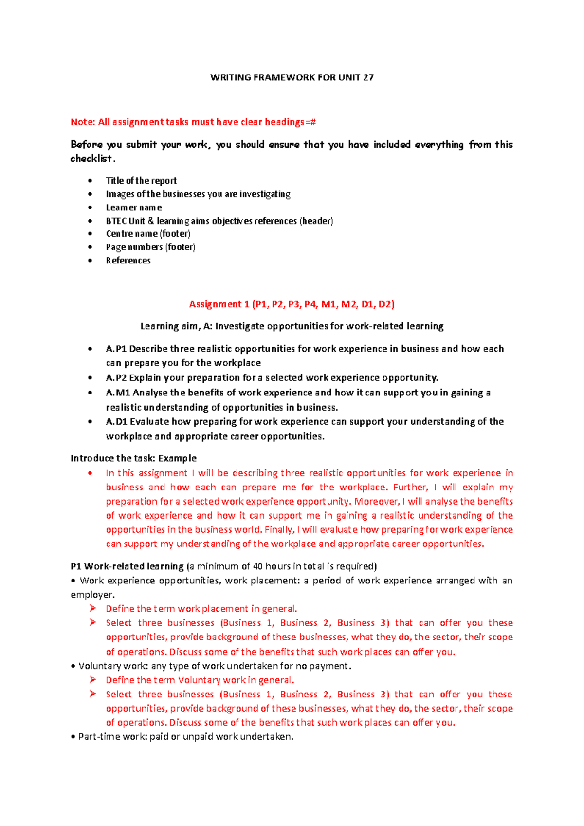 BTEC Unit 27: Writing Framework for Work Experience Assignment - Studocu