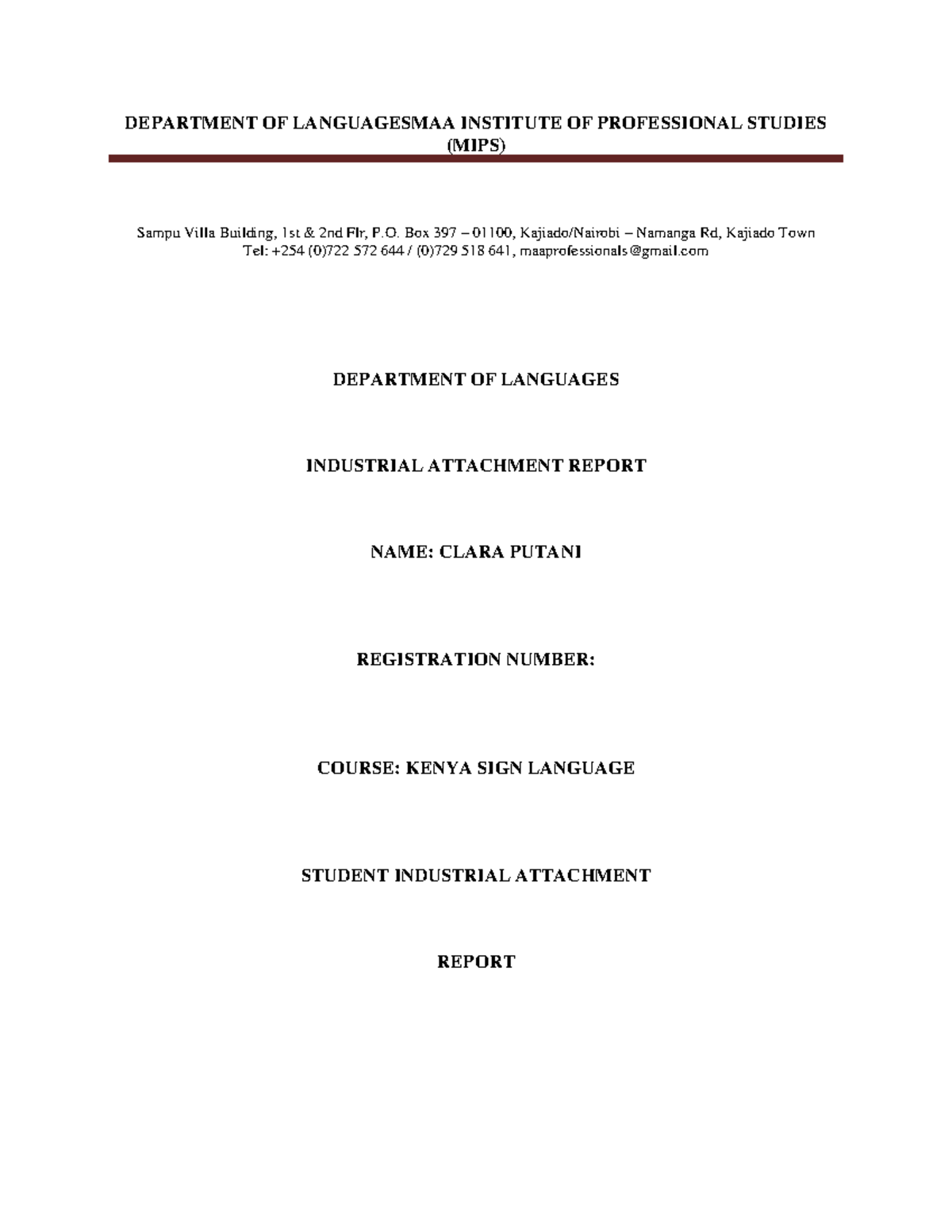 Industrial Attachment Report: Kenya Sign Language - Clara Putani - Studocu