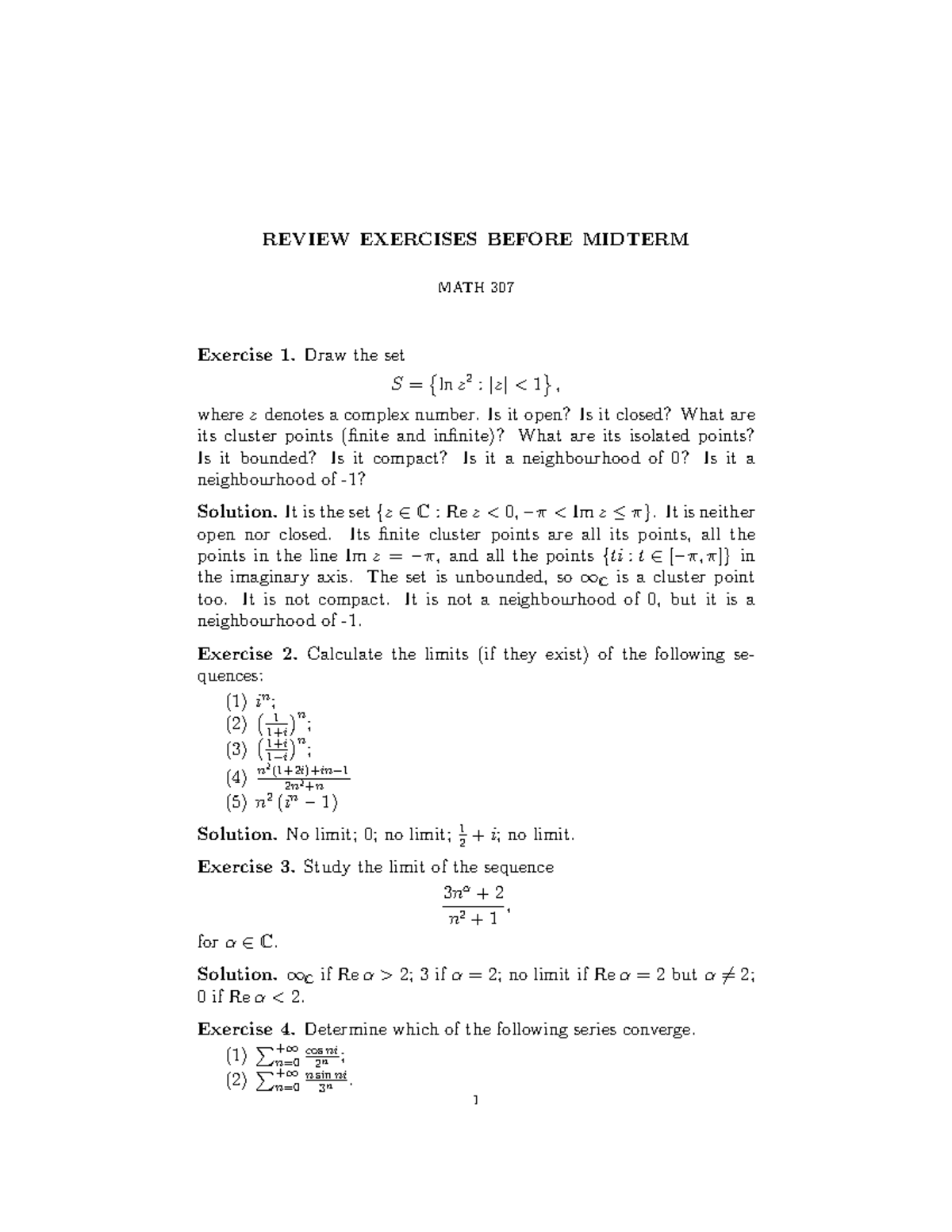 Midterm Review Exercises for MATH 307: Complex Analysis & Limits - Studocu