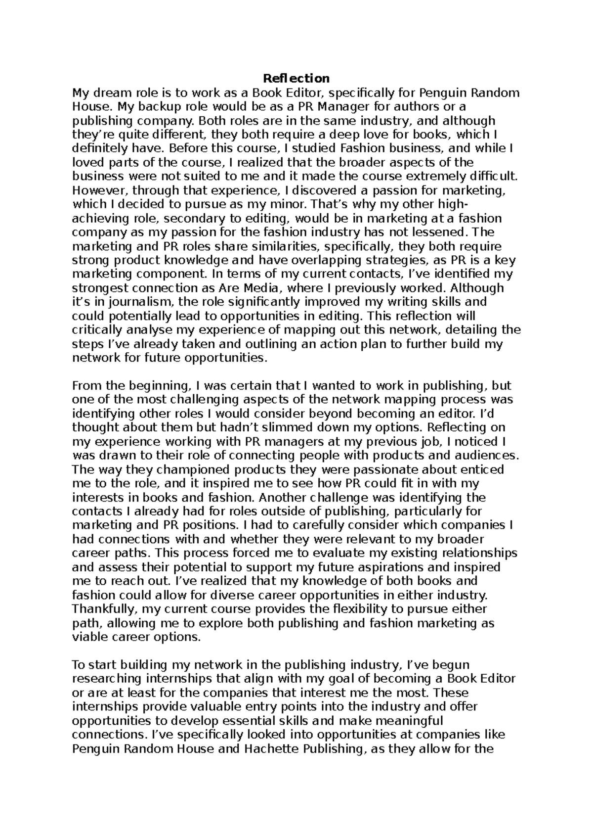 Reflection on Career Aspirations: Networking in Publishing & PR - Studocu