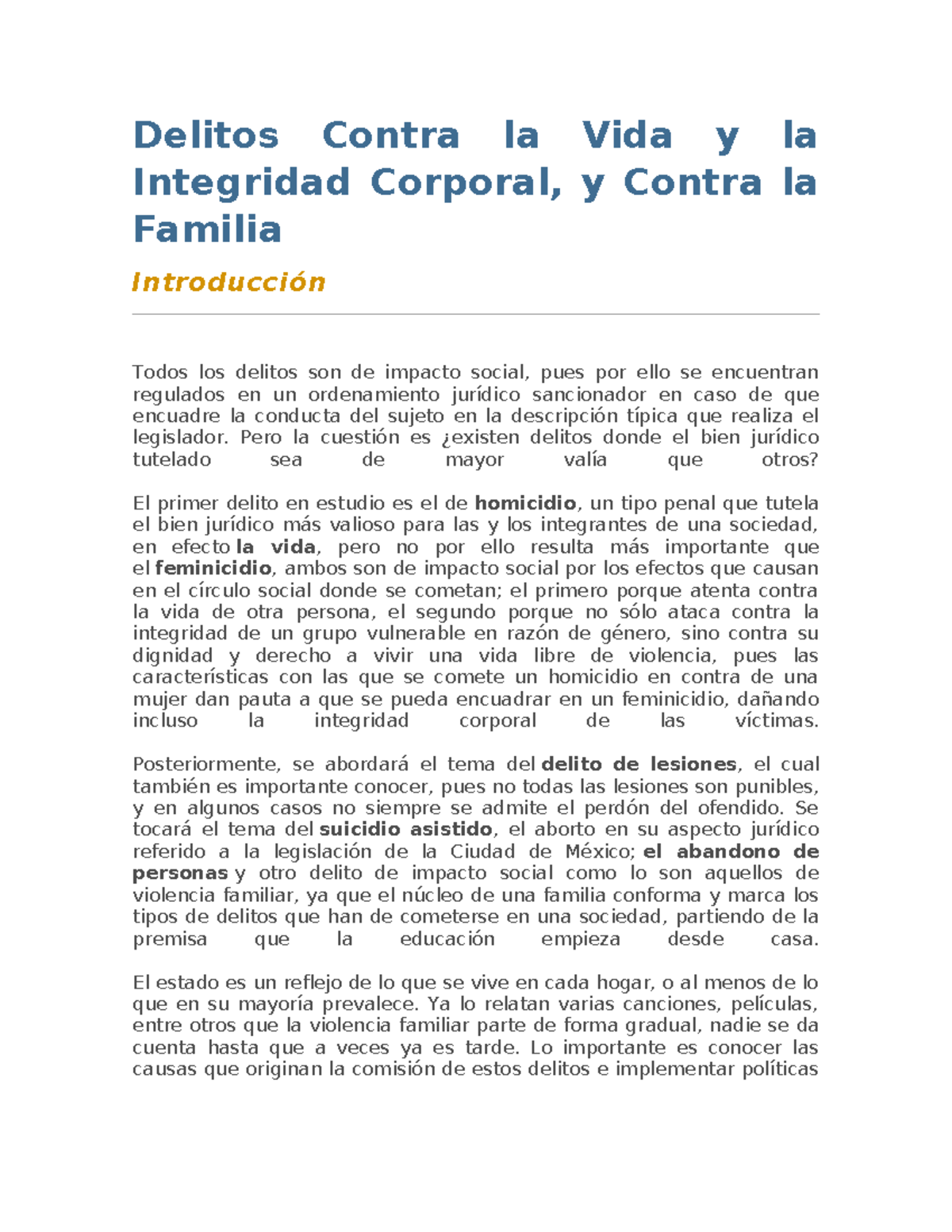Estudio sobre Delitos Contra la Vida y la Integridad Corporal (DERECHO ...