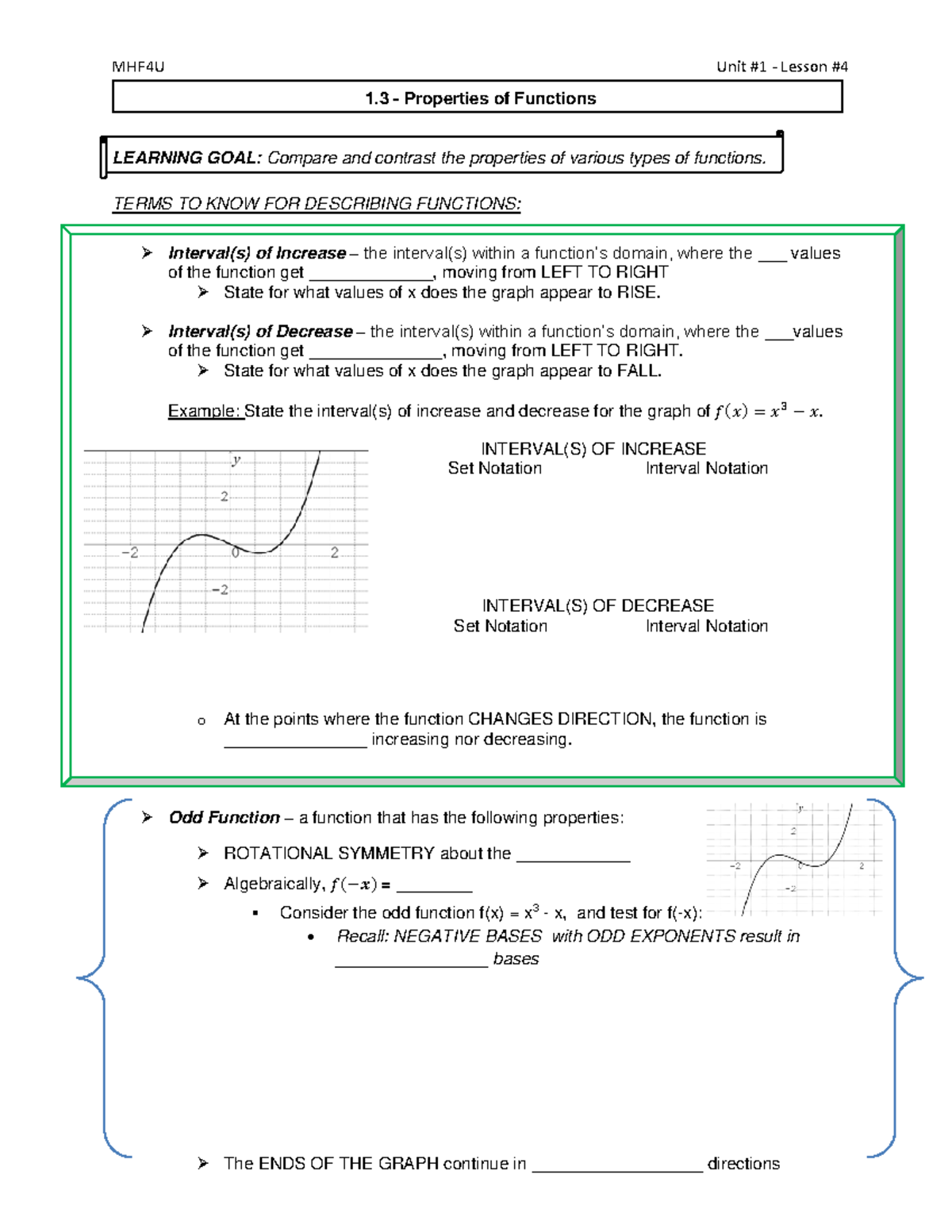 MHF4U - 1.3 - Properties of Functions: Increase, Decrease & Symmetry ...