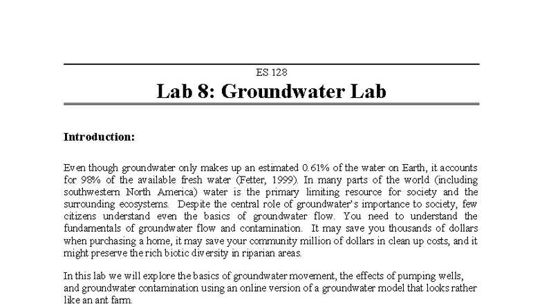 Lab8 Groundwater Lab ES128 - ES 128 Lab 8: Groundwater Lab Introduction ...