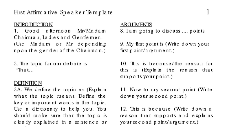 Debating Speech Structure: Individual Speaker Templates - Studocu