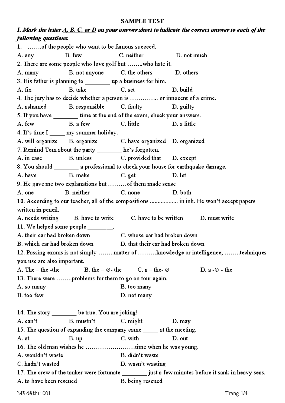 SAMPLE TEST I - Practice Questions and Answers for Exam Preparation ...