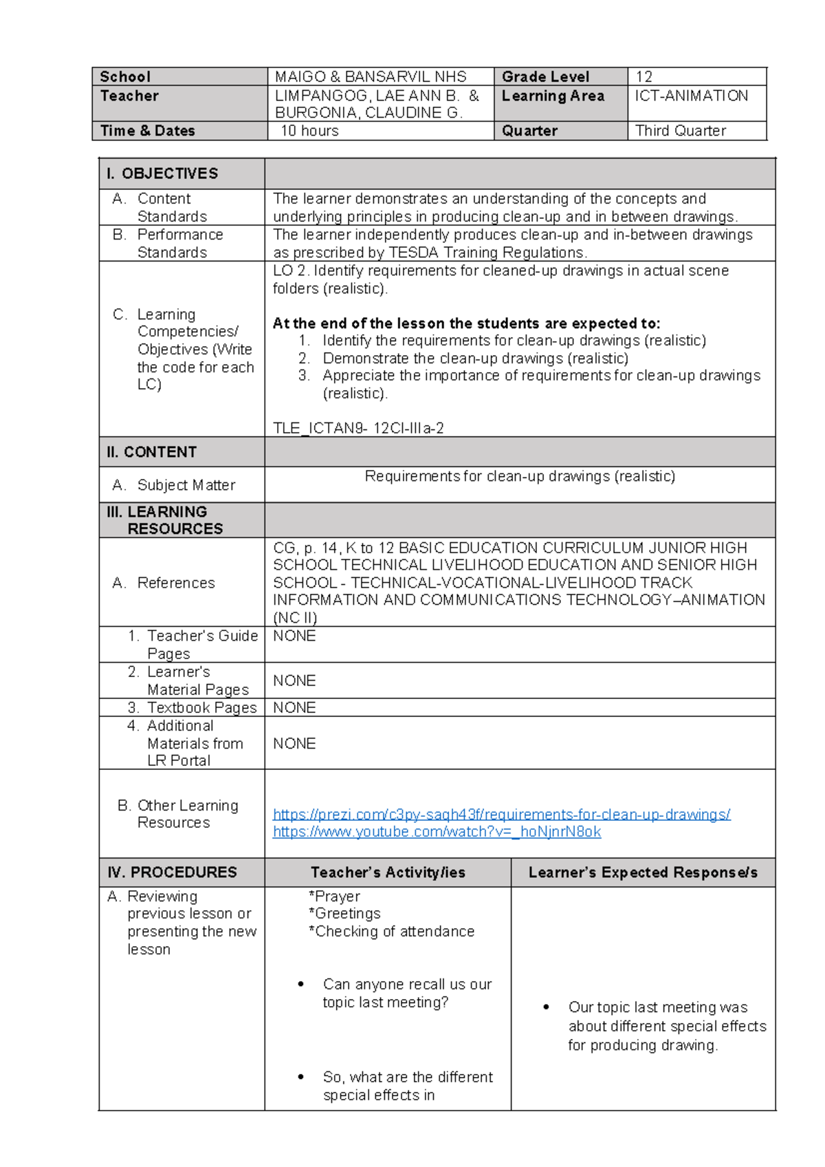 Animation NC II G12 Clean-Up Drawings Lesson Plan & Objectives - Studocu
