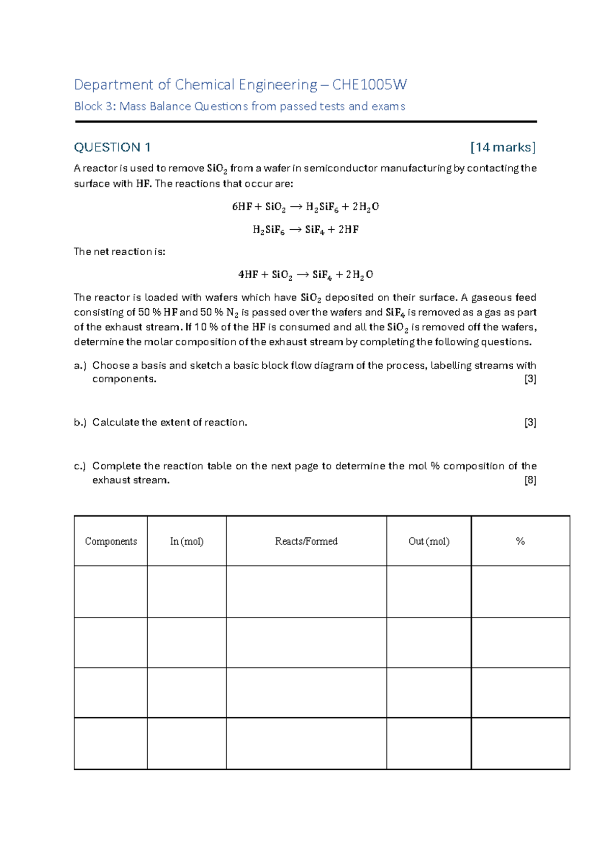 Mass Balance Exam Questions for CHE1005W Block 3 - Studocu