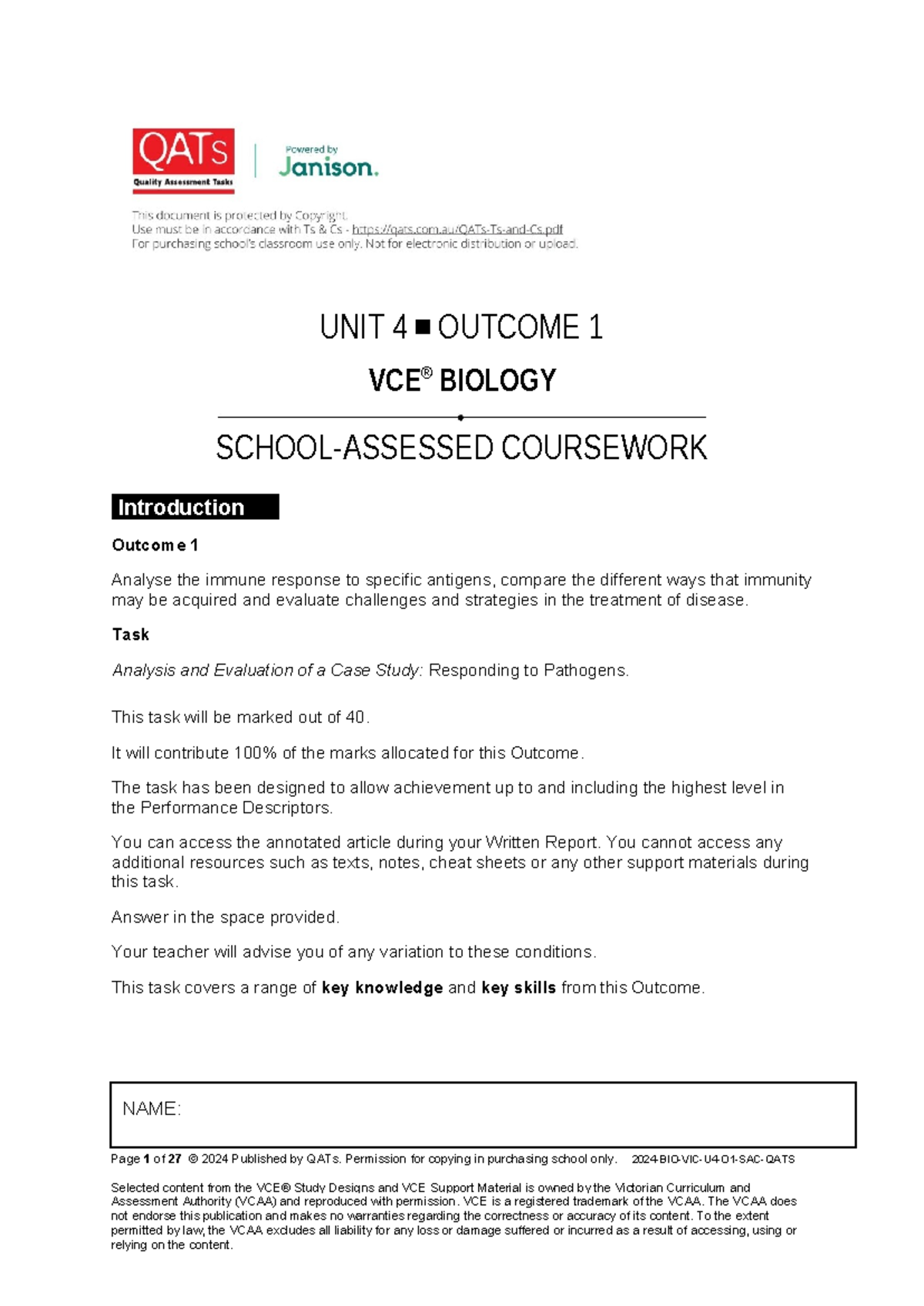 2024 VCE BIOLOGY UNIT 4 OUTCOME 1 SAC: Immune Response Analysis - Studocu
