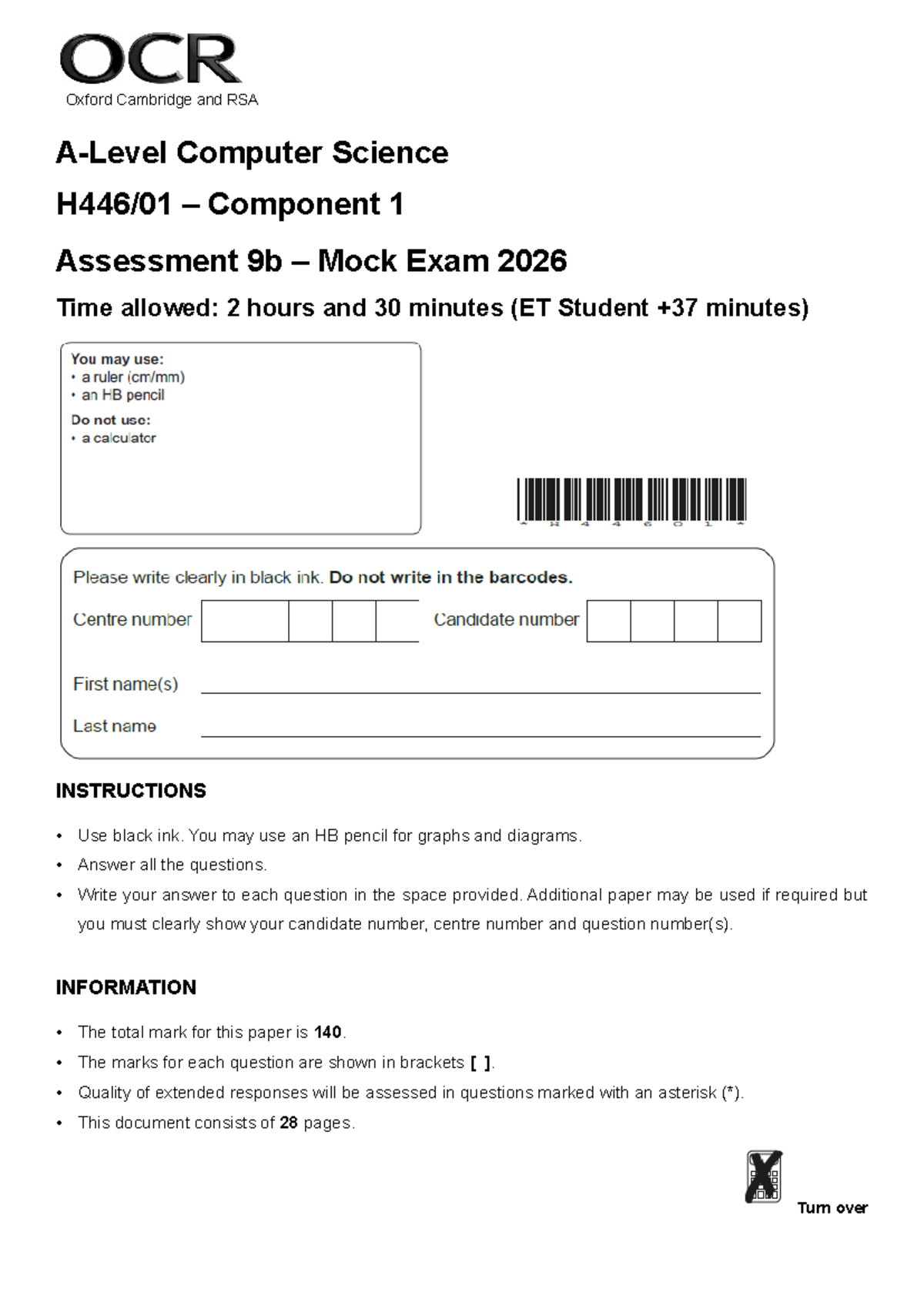 Computer Science Component 1 Assessment 9b Mock Exam 2026 - Studocu