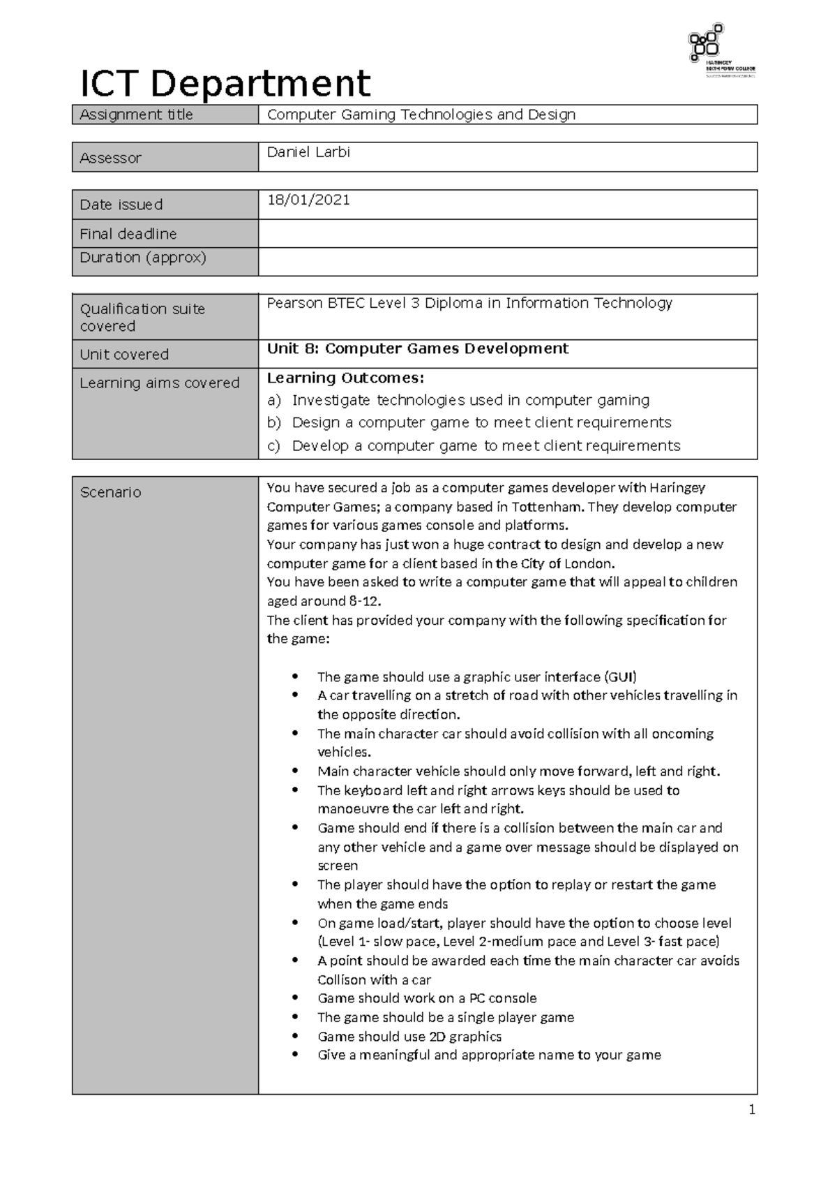 Unit 8 Assignment Brief: Developing Computer Games for Children - Studocu