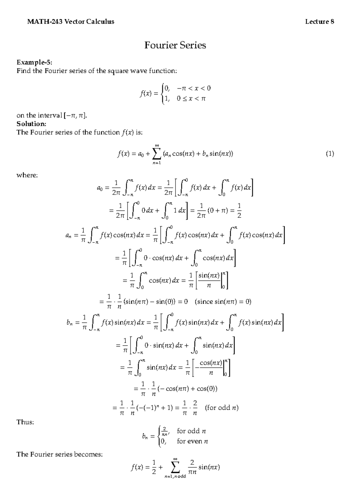 Vector Calculus Lecture 8: Fourier Series of Square Wave Function - Studocu
