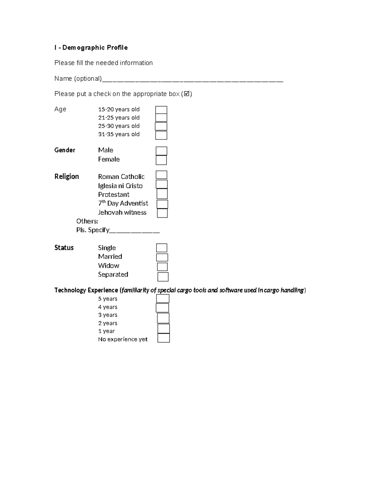 Research Survey Instrument - I - Demographic Profile Please fill the ...