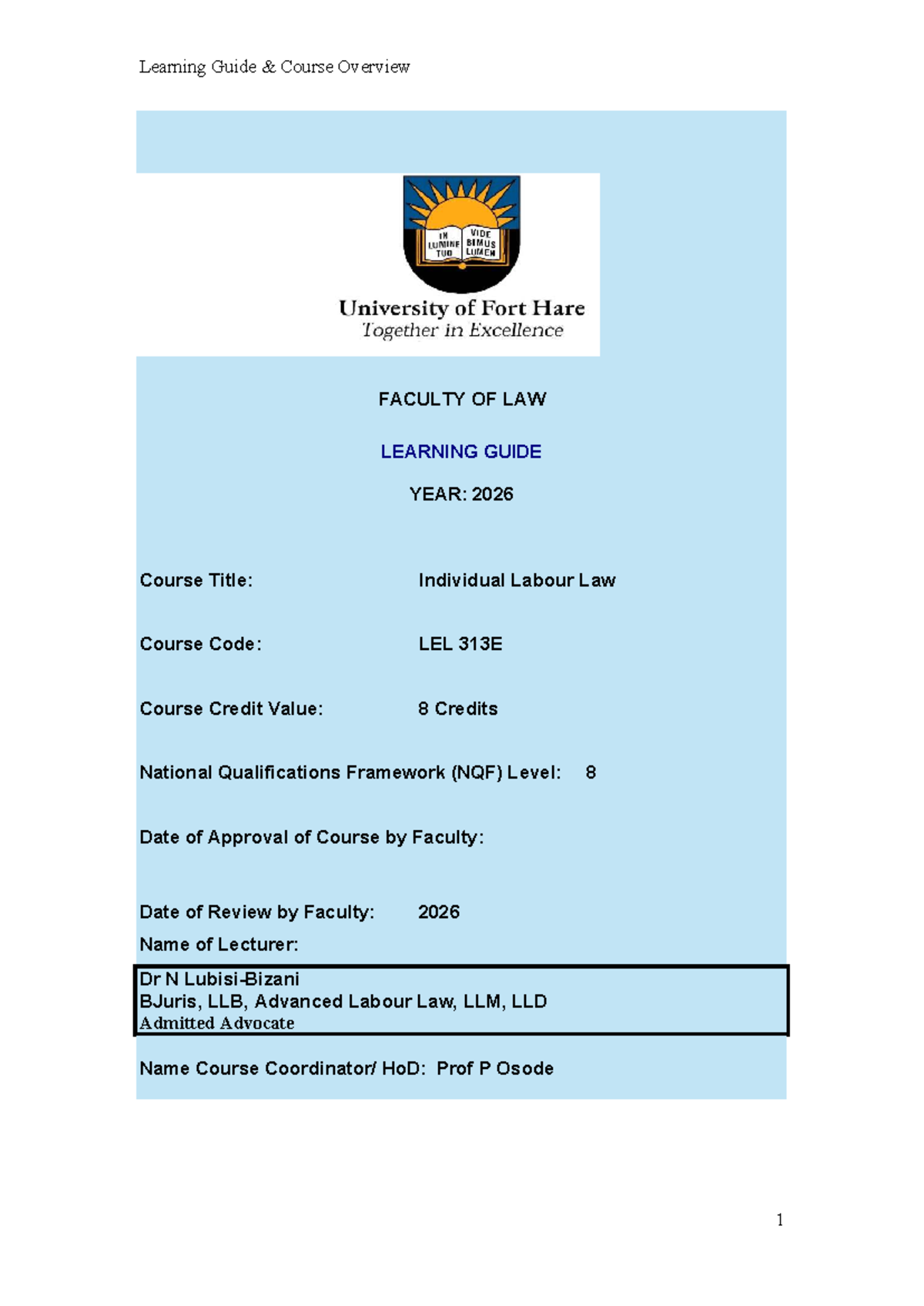 Individual Labour Law Learning Guide LEL 313E - 2026 - Studocu