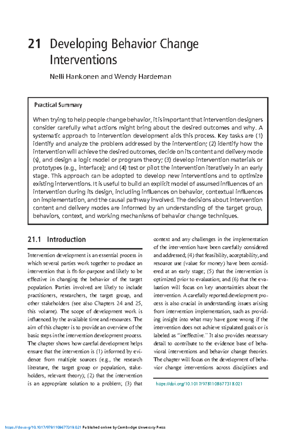 Extra readings about behaviour change interventions - 21 Developing ...