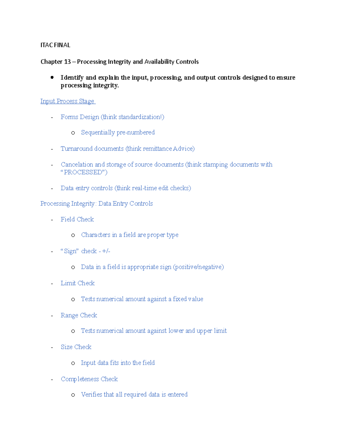 ITAC Final - ITAC FINAL Chapter 13 – Processing Integrity and ...