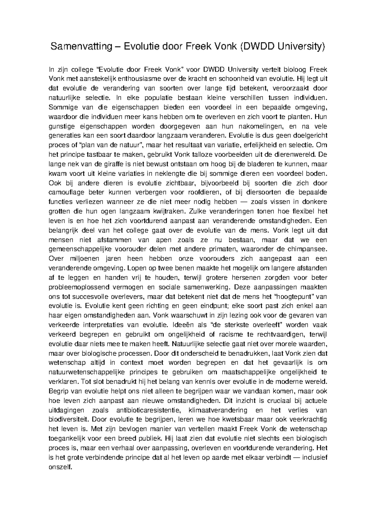 Samenvatting College Evolutie (DWDD University) door Freek Vonk ...