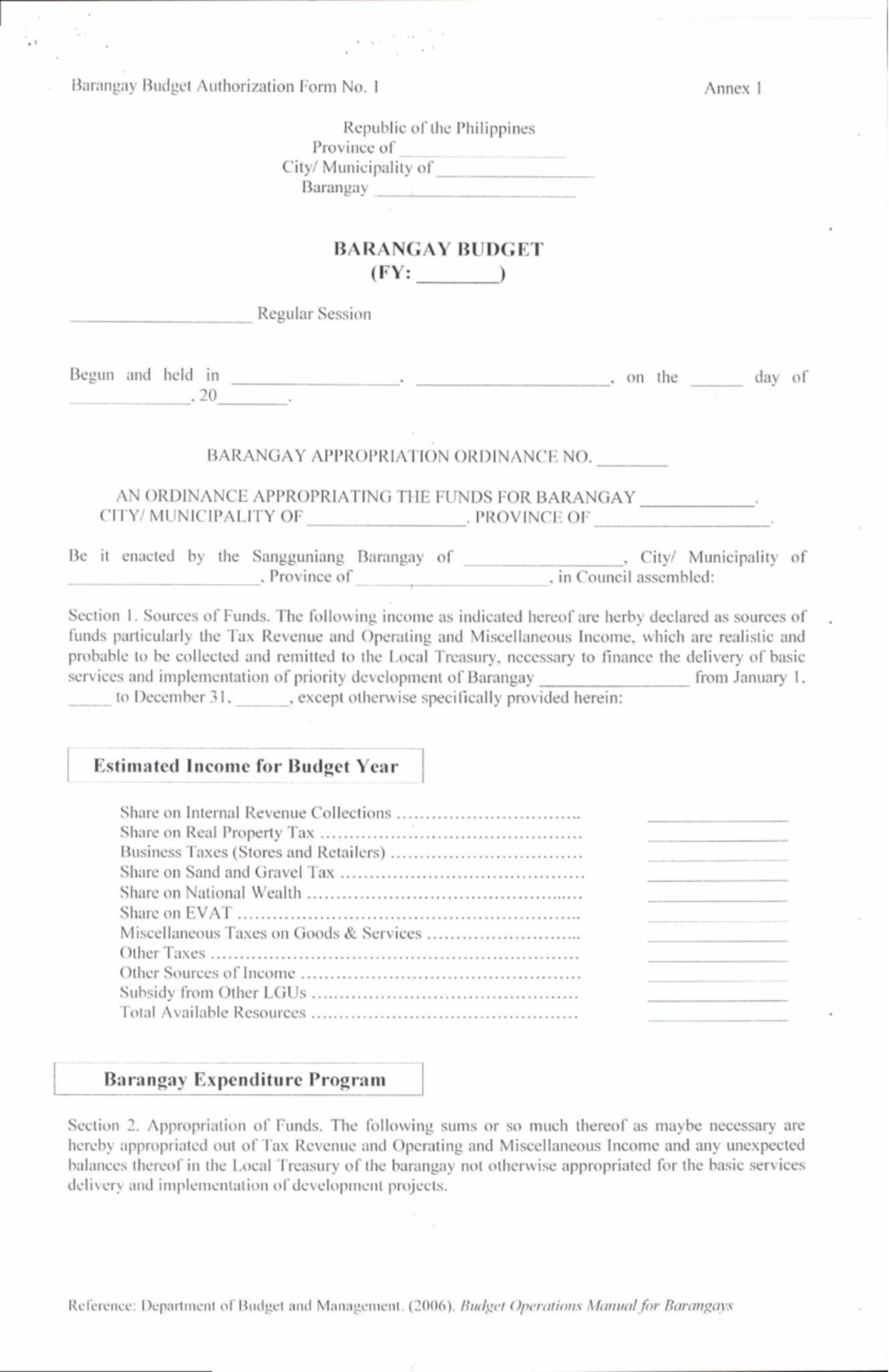 Barangay Budget Authorization Form No. 1 for FY: [Year] - Studocu