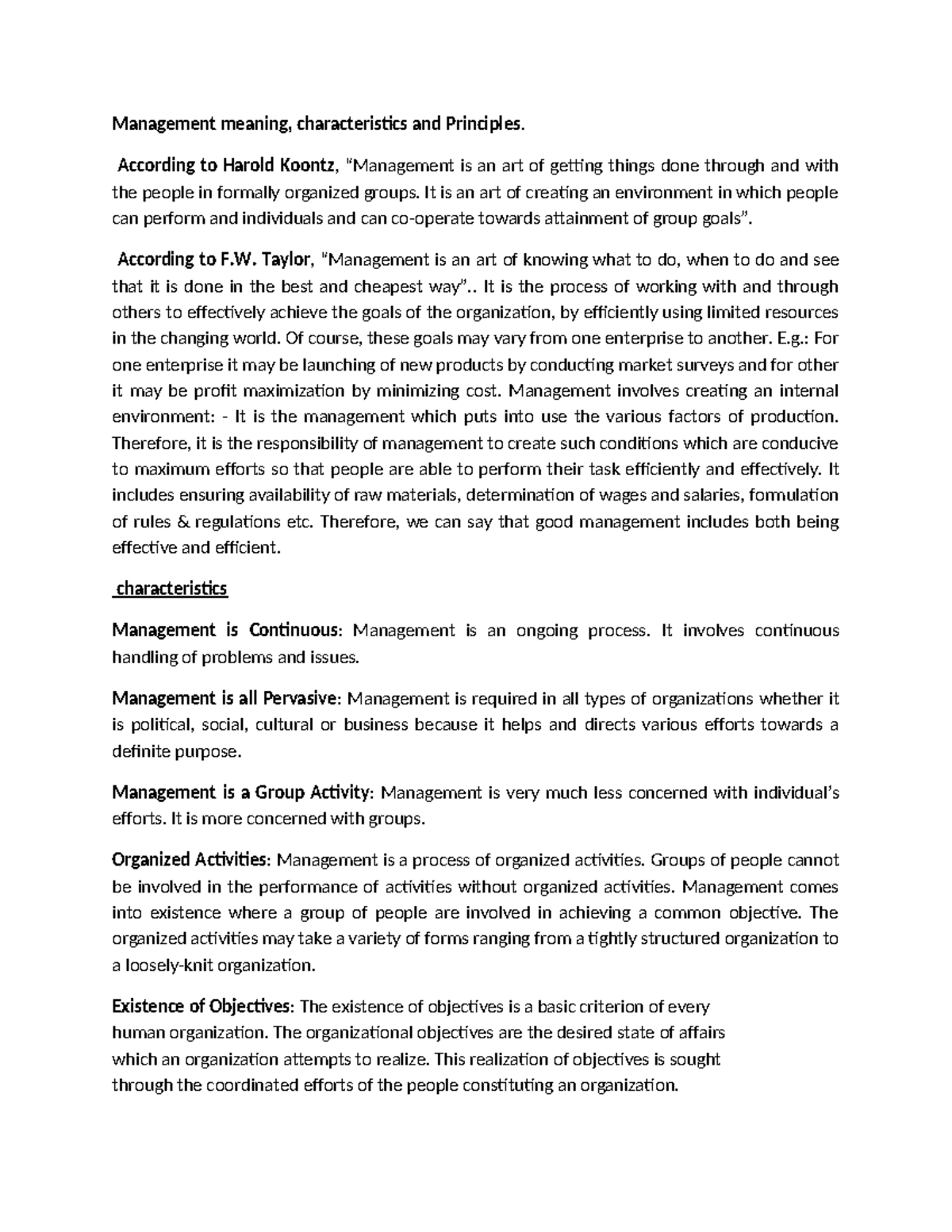 Management Principles and Characteristics: An Overview (MGT101) - Studocu