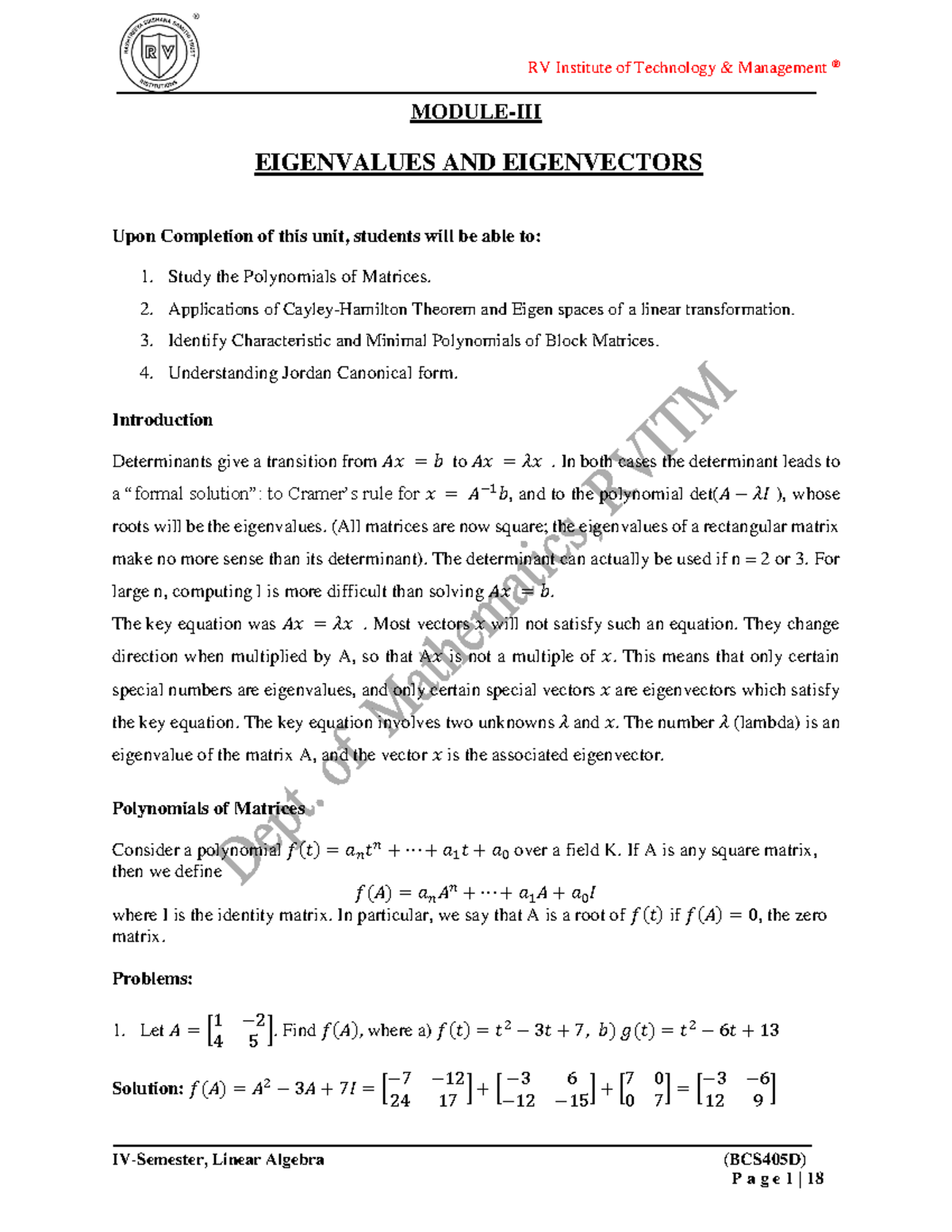 BCS405D Linear Algebra: Eigenvalues and Eigenvectors Study Notes - Studocu