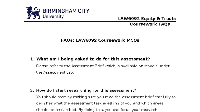 LAW6092 Equity Trusts Coursework Assessment FAQs and Guidelines - Studocu