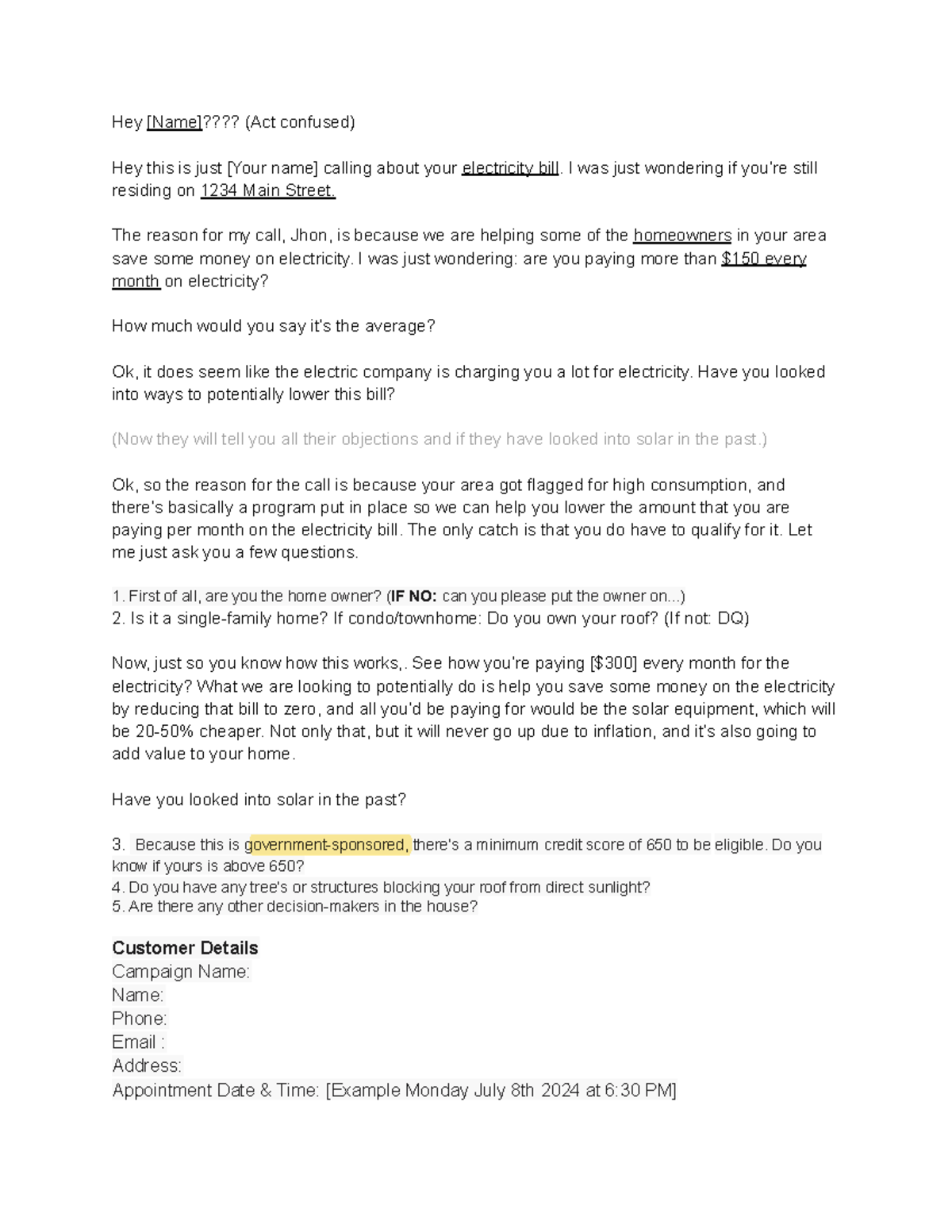 Electricity Bill Inquiry Script for Homeowners - Studocu