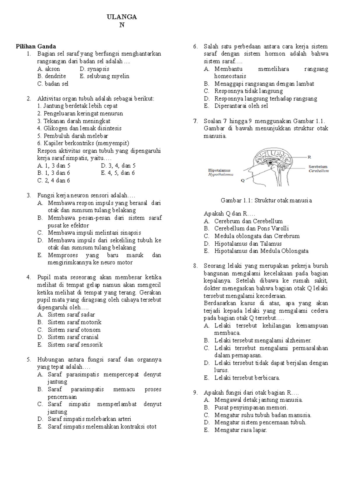 UH SIstem Koordinasi - Ulangan Harian Pemahaman Saraf dan Hormonal - Document Preview